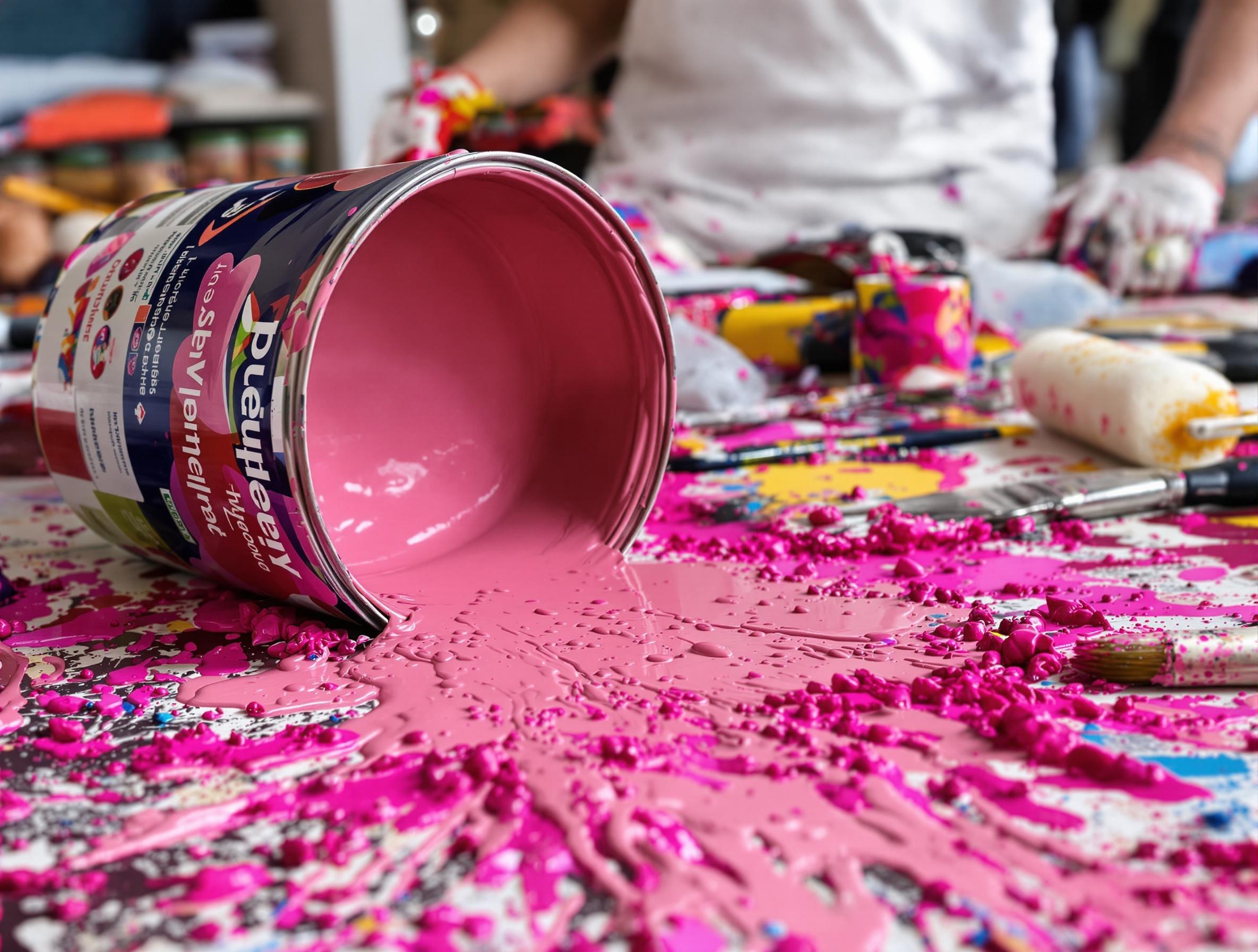 Atelier de peinture avec Dulux Valentine, pinceaux usés et éclaboussures