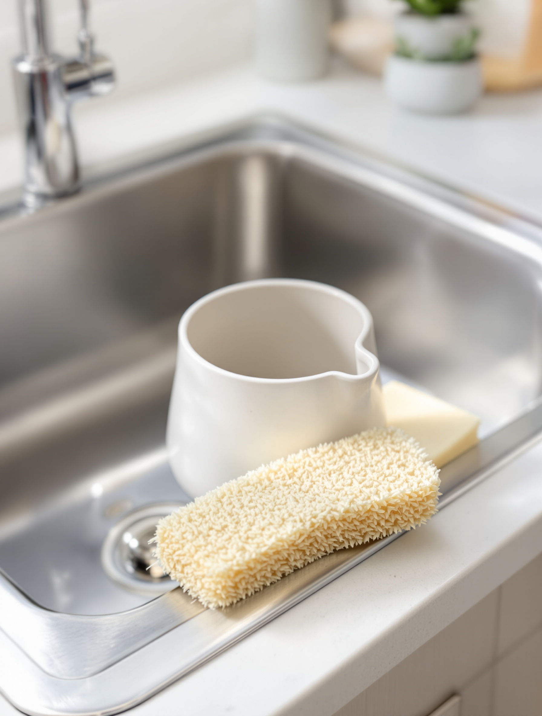 Pot de pierre d'argile ouvert sur évier inox brillant