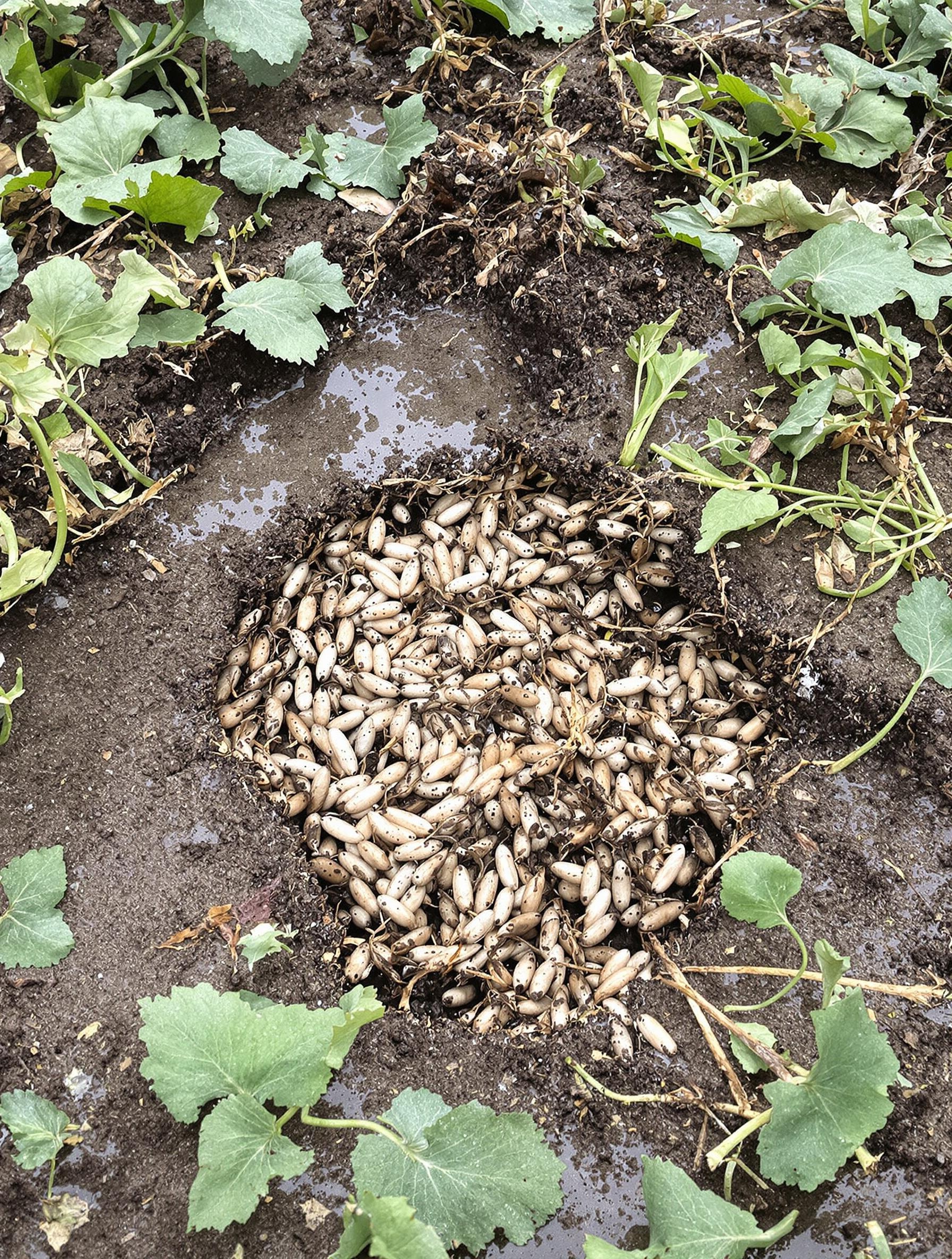 Potager avec zones affaissées et racines apparentes, signe d'une infestation de vers blancs