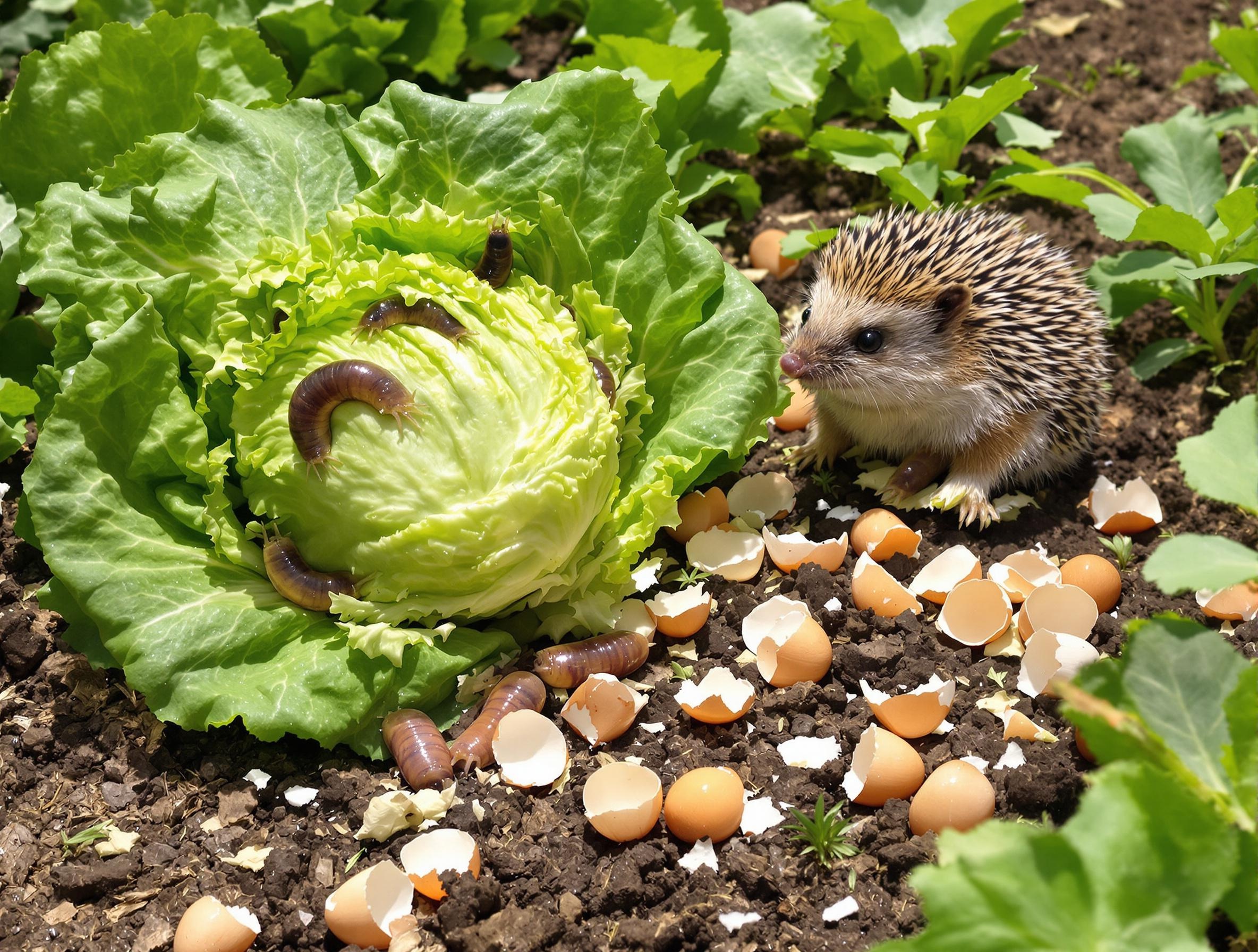 Limaces sur une salade avec un hérisson et une barrière de coquilles d’œuf