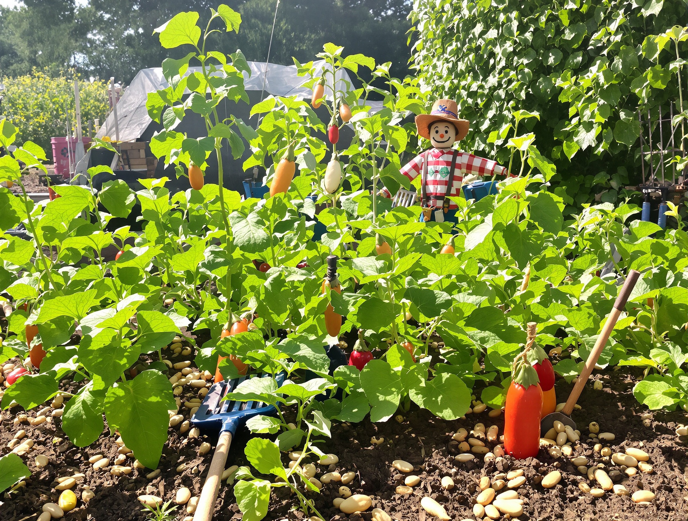 Potager chaotique et joyeux, avec des plants de cacahuètes en pleine victoire