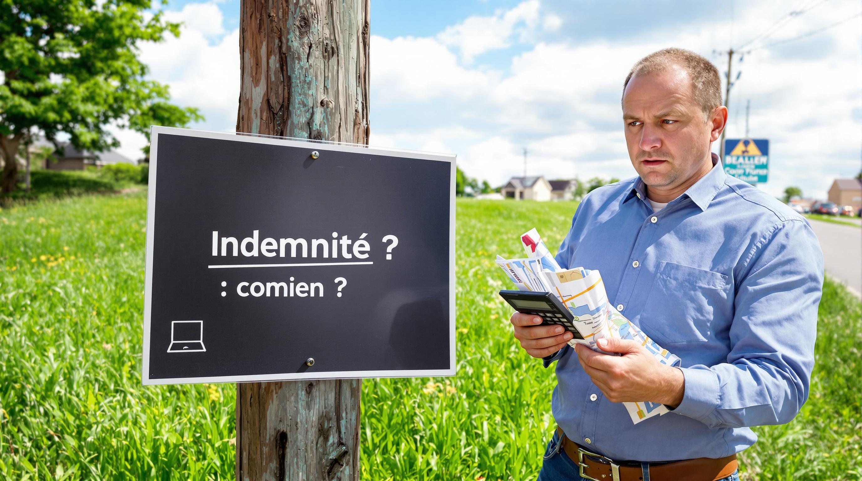 Indemnité servitude électrique : propriétaire sceptique avec calculatrice