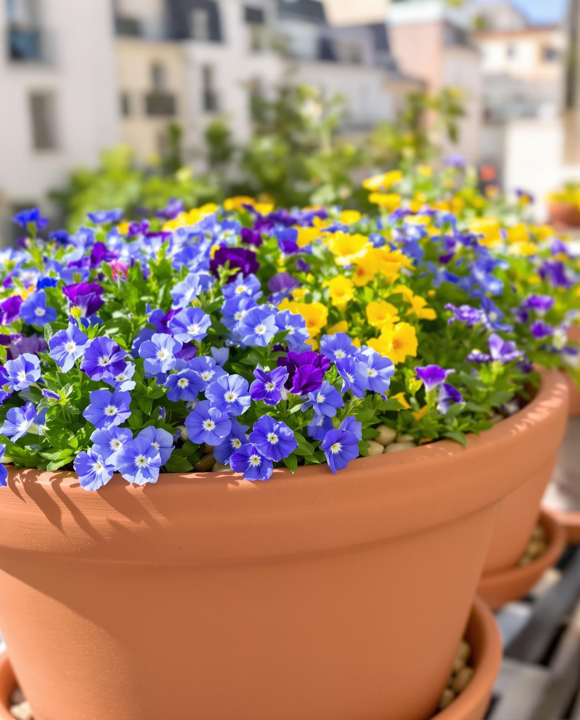 Potée de balcon avec myosotis et pensées.