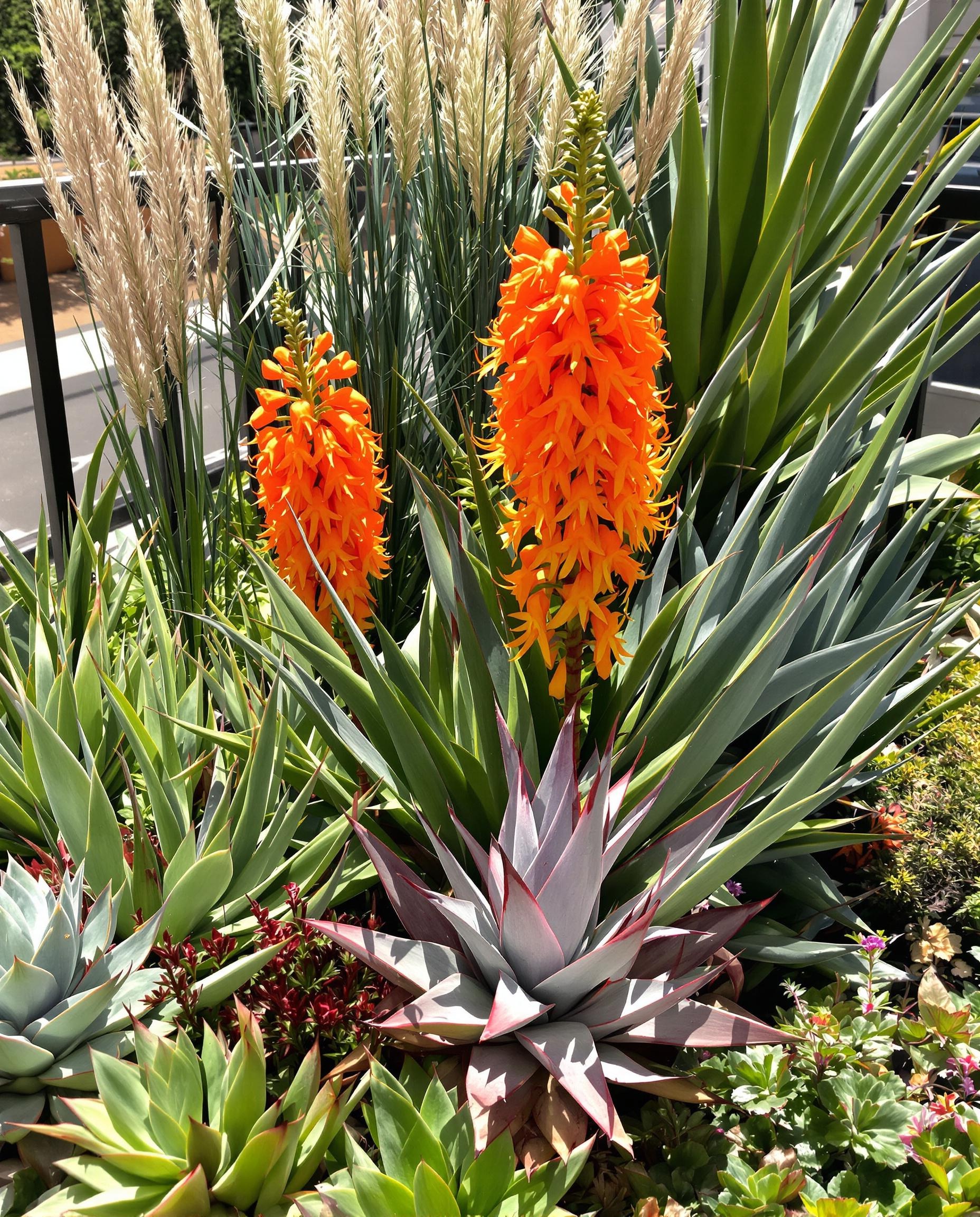 Potée exotique avec Ornithogalum dubium aloès echeveria graminées