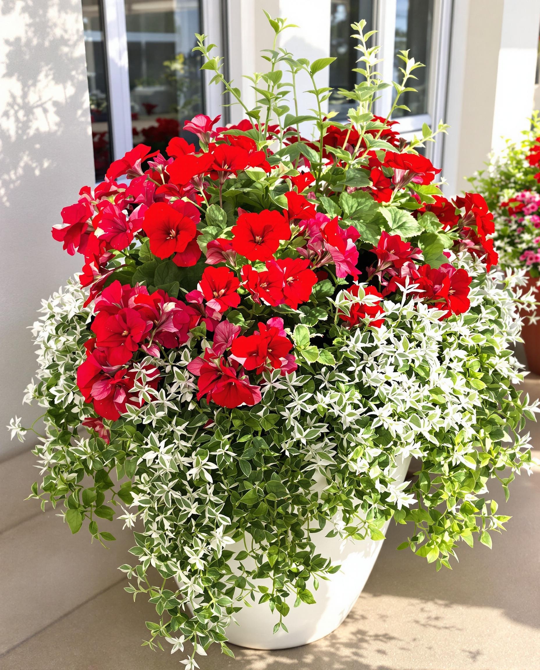 Potée mixte de Pelargonium rouge et feuillage retombant argenté