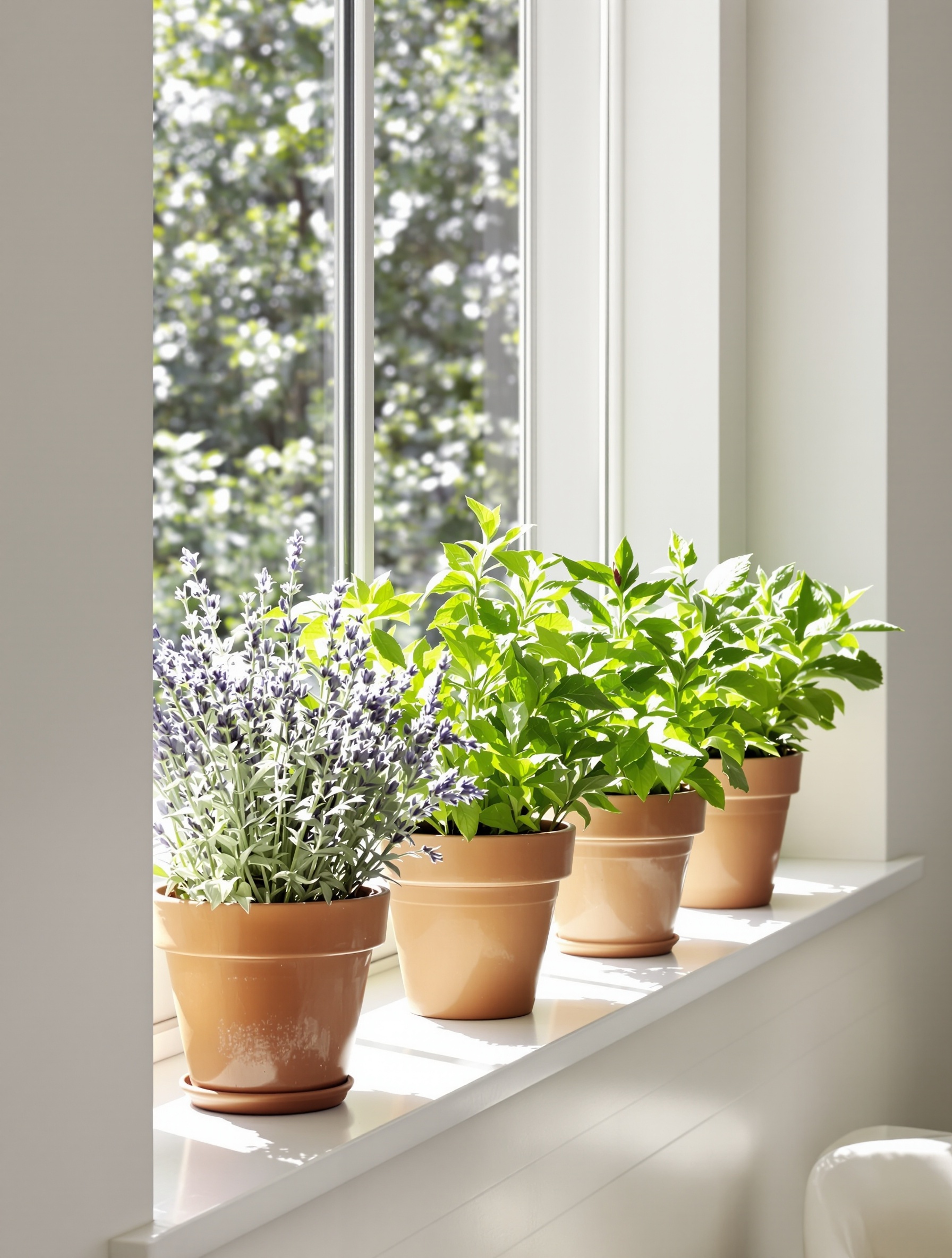 Pots de lavande, menthe et laurier sur un rebord de fenêtre ensoleillé, barrière naturelle anti-cafards.