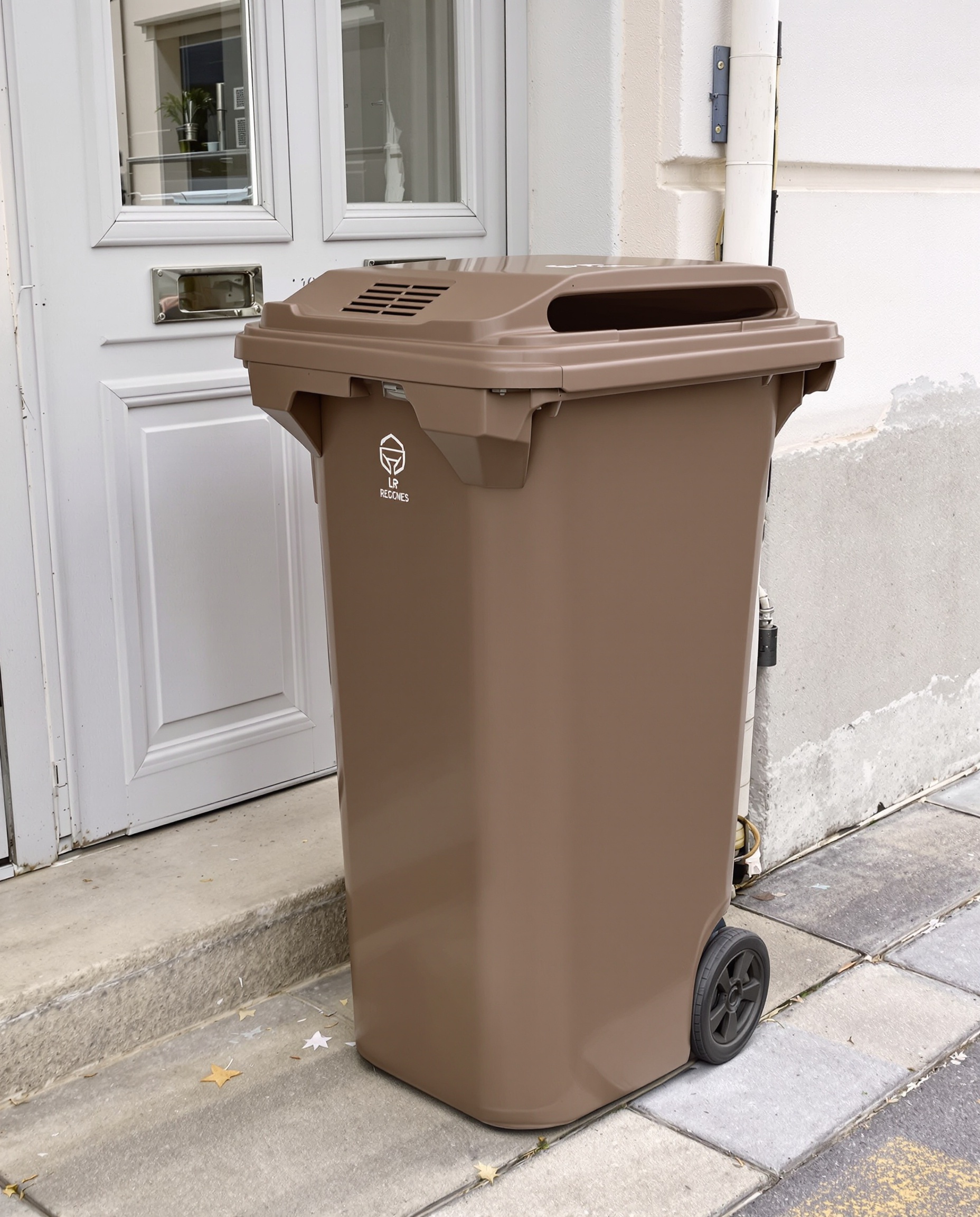 Poubelle marron propre sur trottoir : solution facile tri biodéchets.