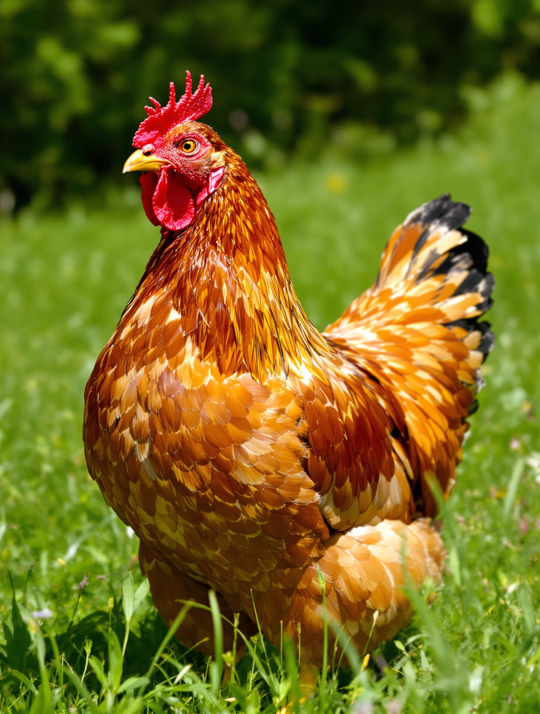 Poule Gauloise Dorée dans un pré verdoyant, posture alerte, plumage doré lumineux et crête rouge vif, France.
