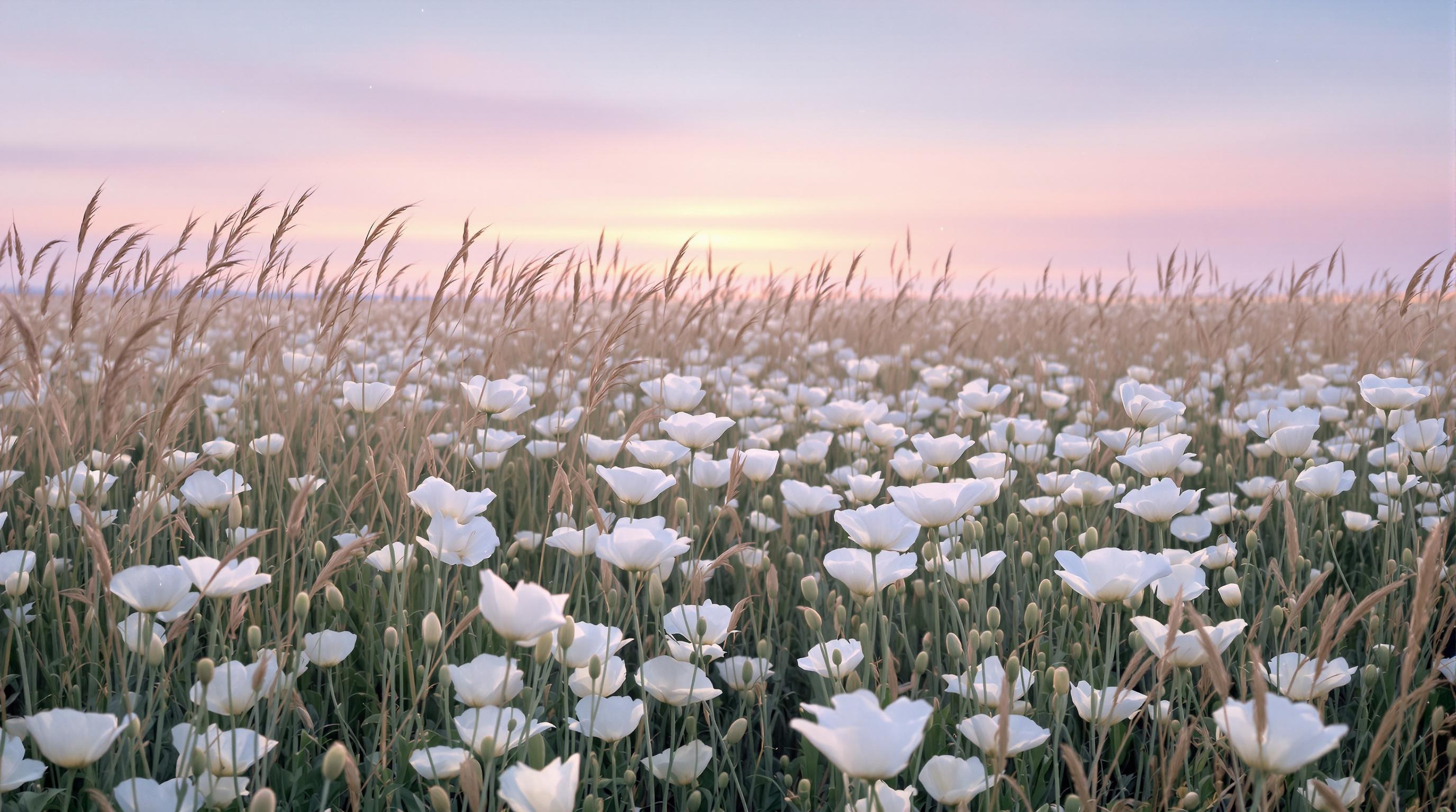 Prairie avec un nuage de coquelicots blancs sous un ciel étoilé