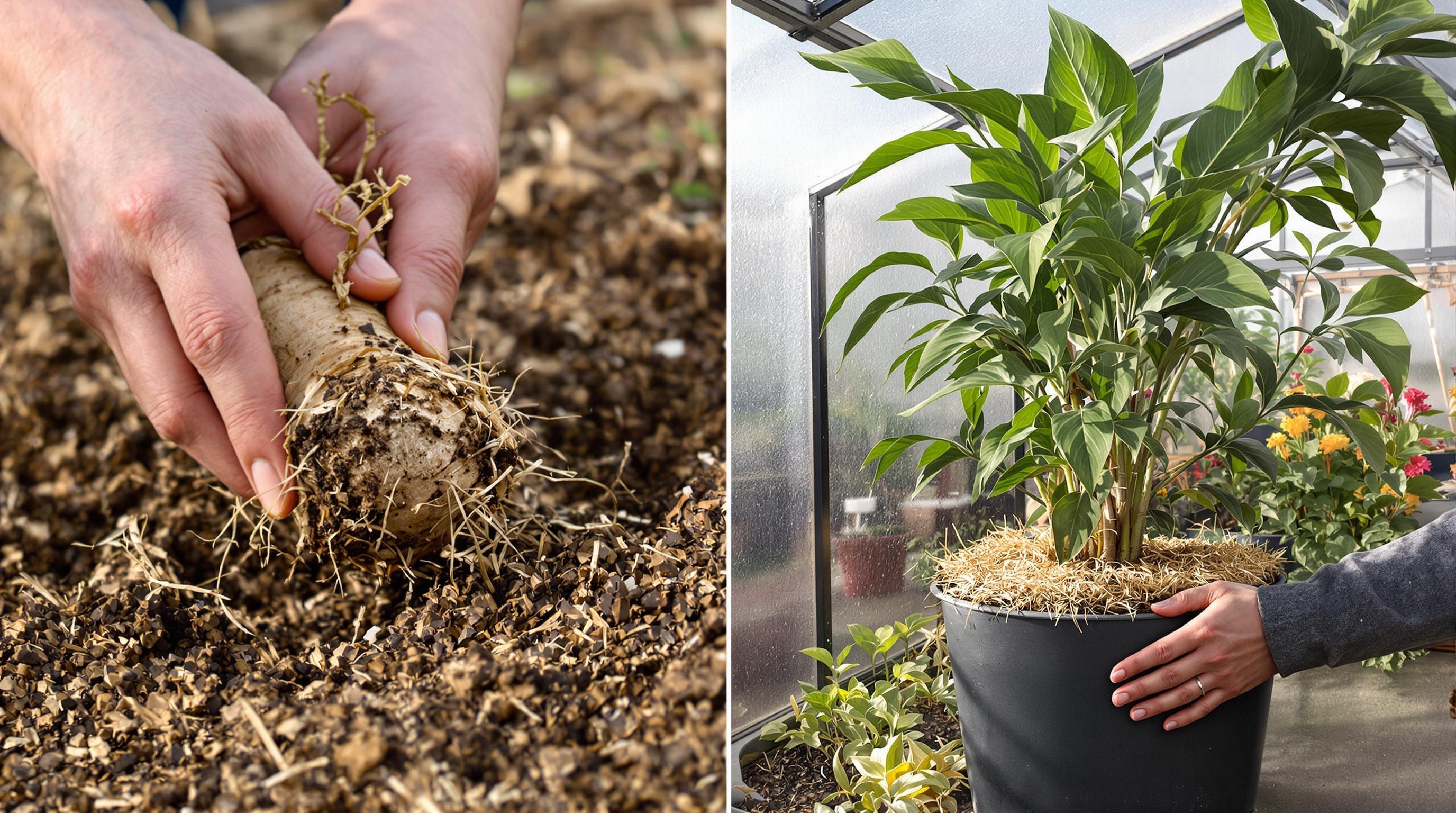 Hivernage de canna : déterrage de rhizome et potée en serre froide