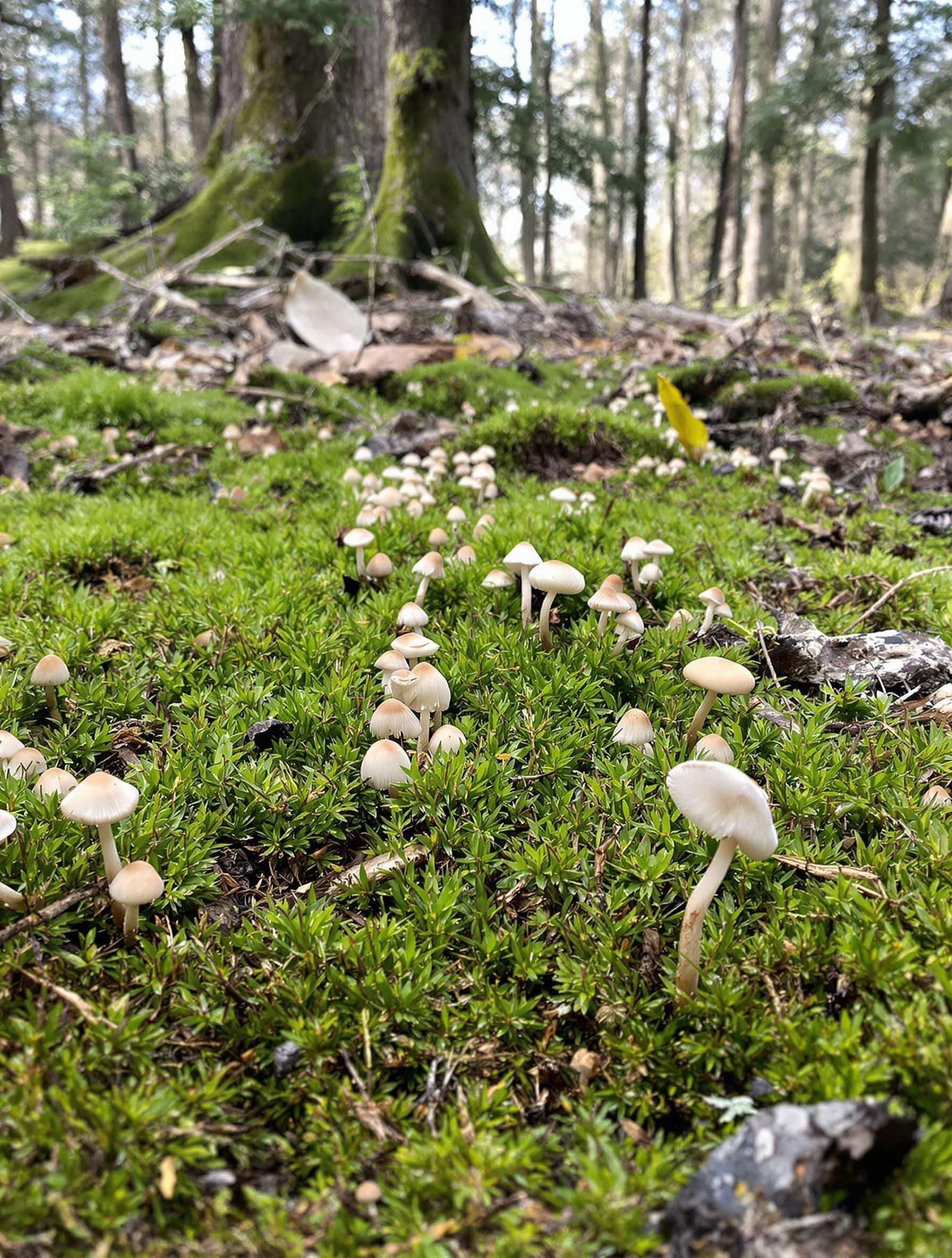 Forêt printanière, mousse clairsemée et Hygrophore de Mars rares au milieu de signes visibles de dégradation de l'habitat (branches mortes, sol piétiné).