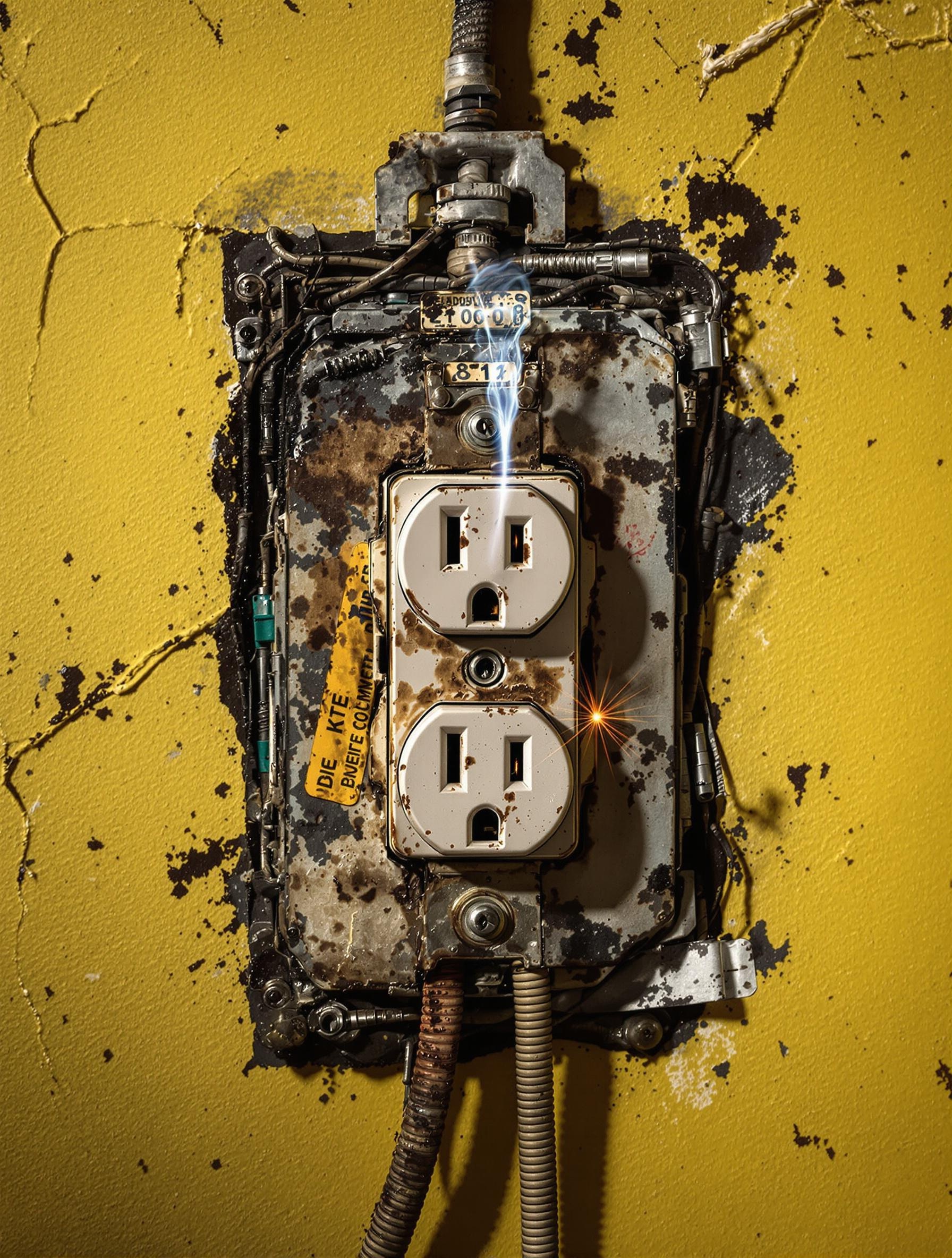 Prise électrique ancienne avec fumée et étincelles