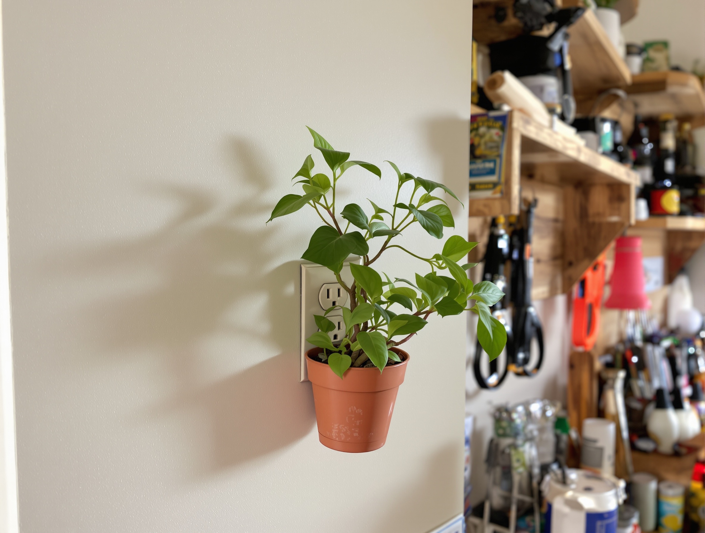 Prise électrique murale cachée par une petite plante verte en pot – solution bricolage comique.