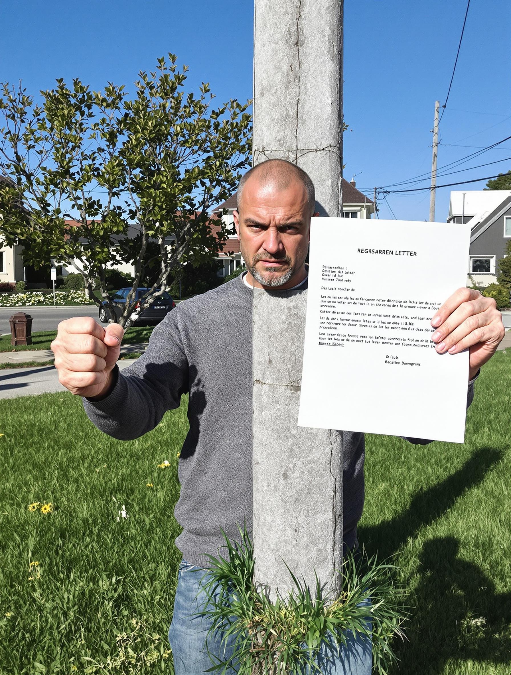 Propriétaire furieux lettre recommandée poteau électrique pelouse