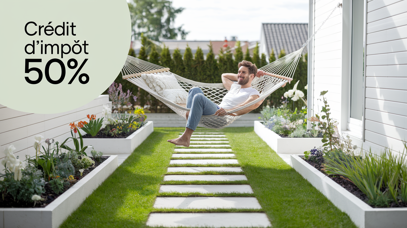 Propriétaire relaxé dans son hamac, jardin nickel et logo Crédit d'impôt 50% visible. Tranquillité d'esprit et avantage financier.