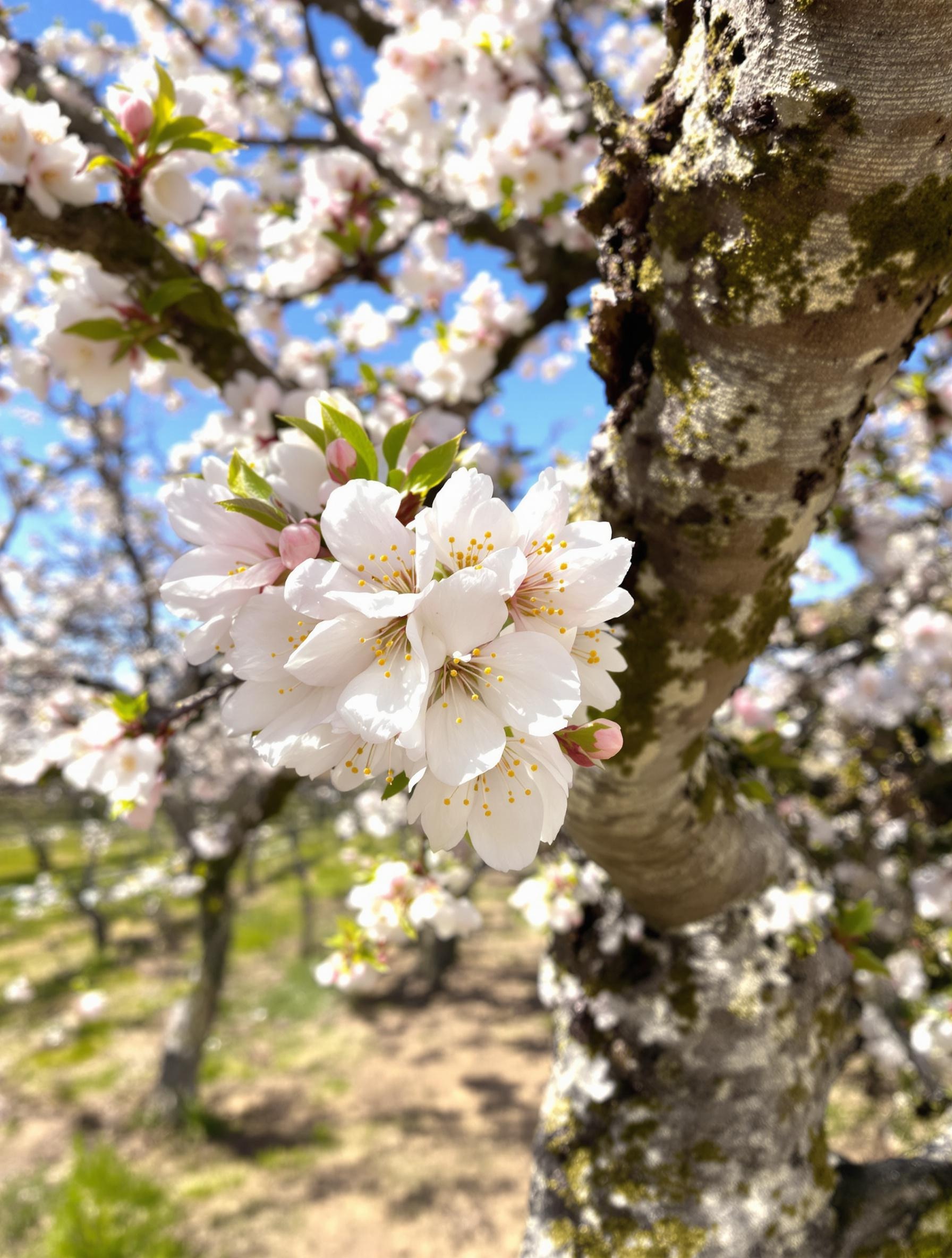 Prunier en fleurs au printemps dans un verger rustique