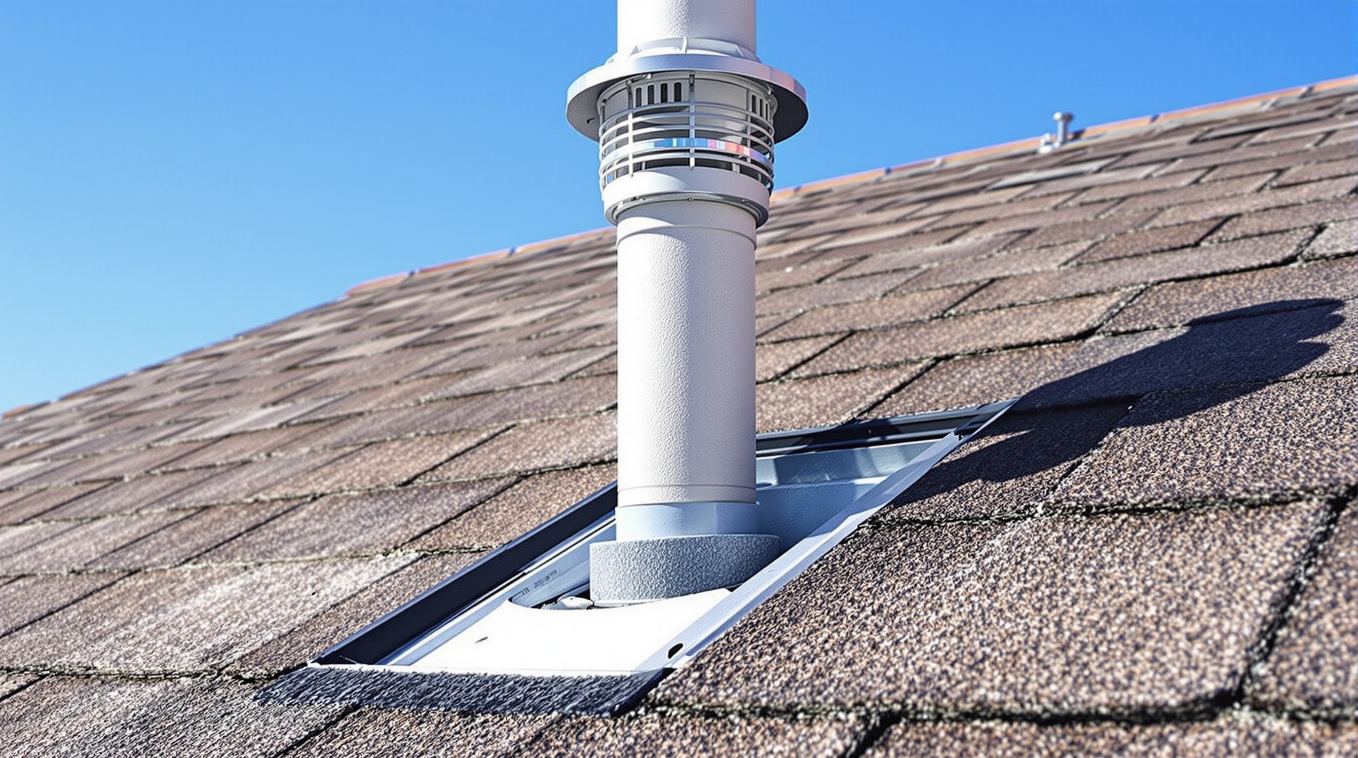 Image illustrant un raccordement correct d'une colonne de ventilation primaire sur une toiture de maison plain-pied, avec un extracteur statique bien positionné.