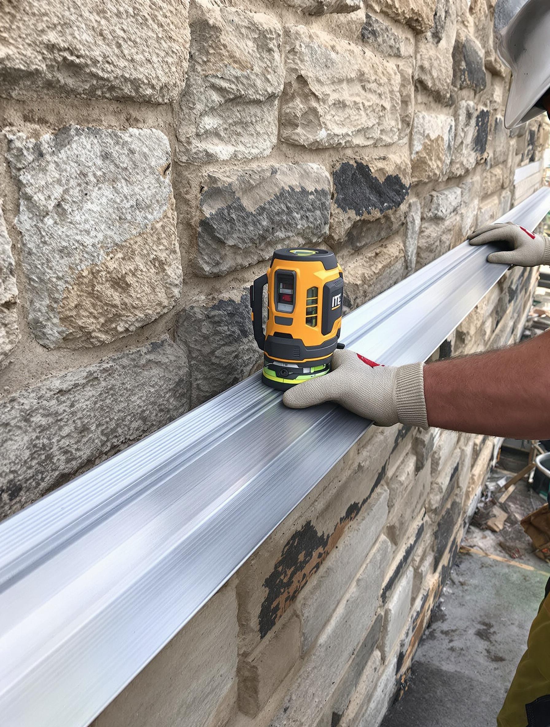 Vue rapprochée d’un rail de départ en aluminium fixé au laser pour garantir la planéité de l’ITE avant la pose des panneaux