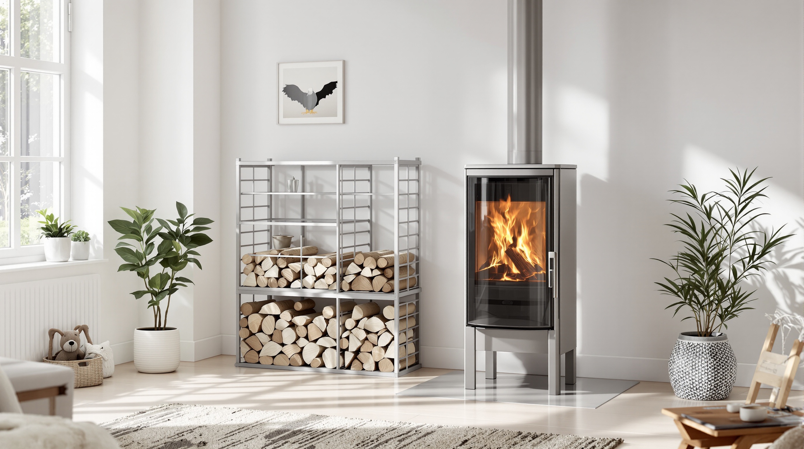 Range-bûches Ikea à bonne distance du poêle dans un salon moderne