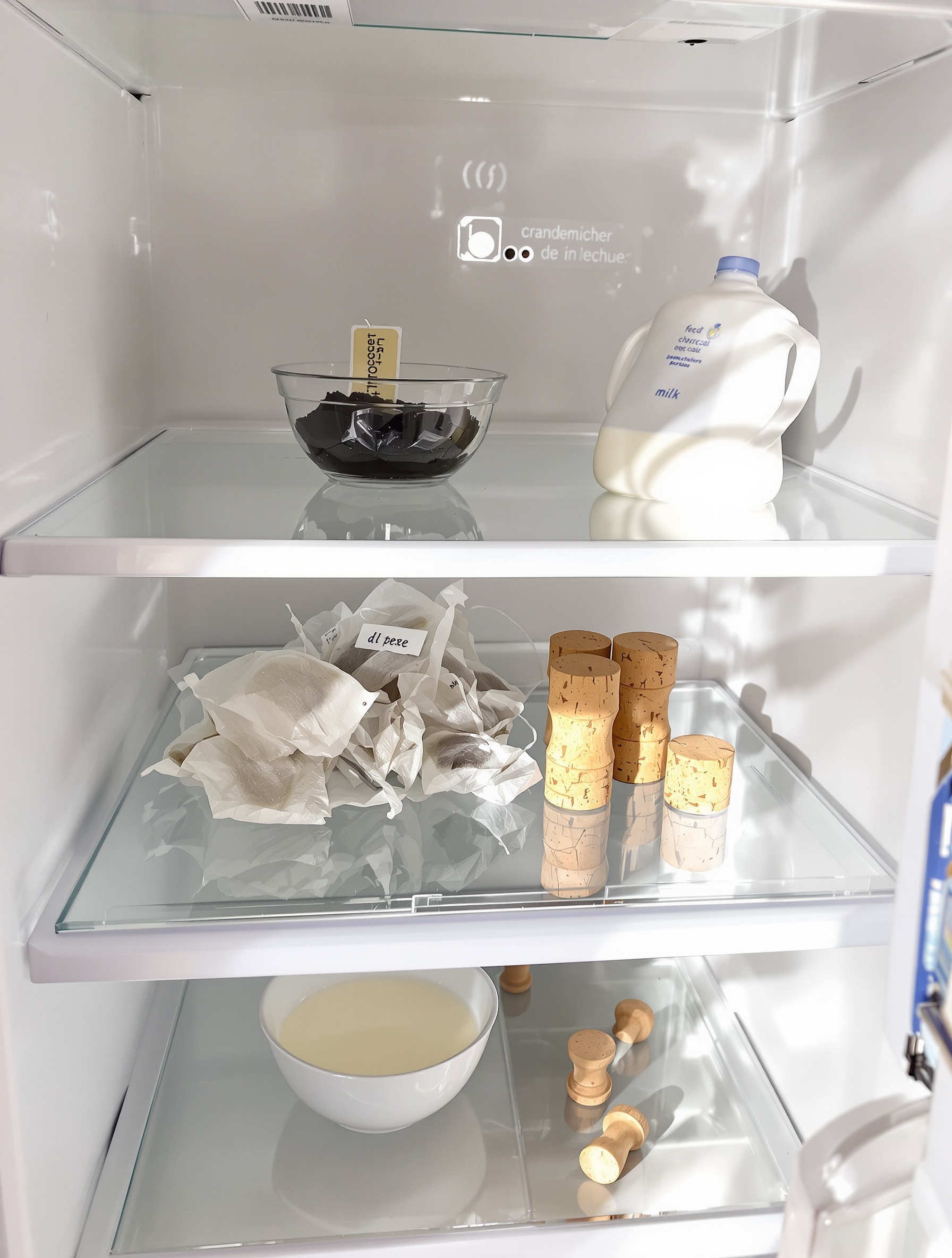 Astuces naturelles pour absorber les odeurs dans le réfrigérateur : charbon actif, sachets de thé secs, bouchons de liège et bol de lait tiède.