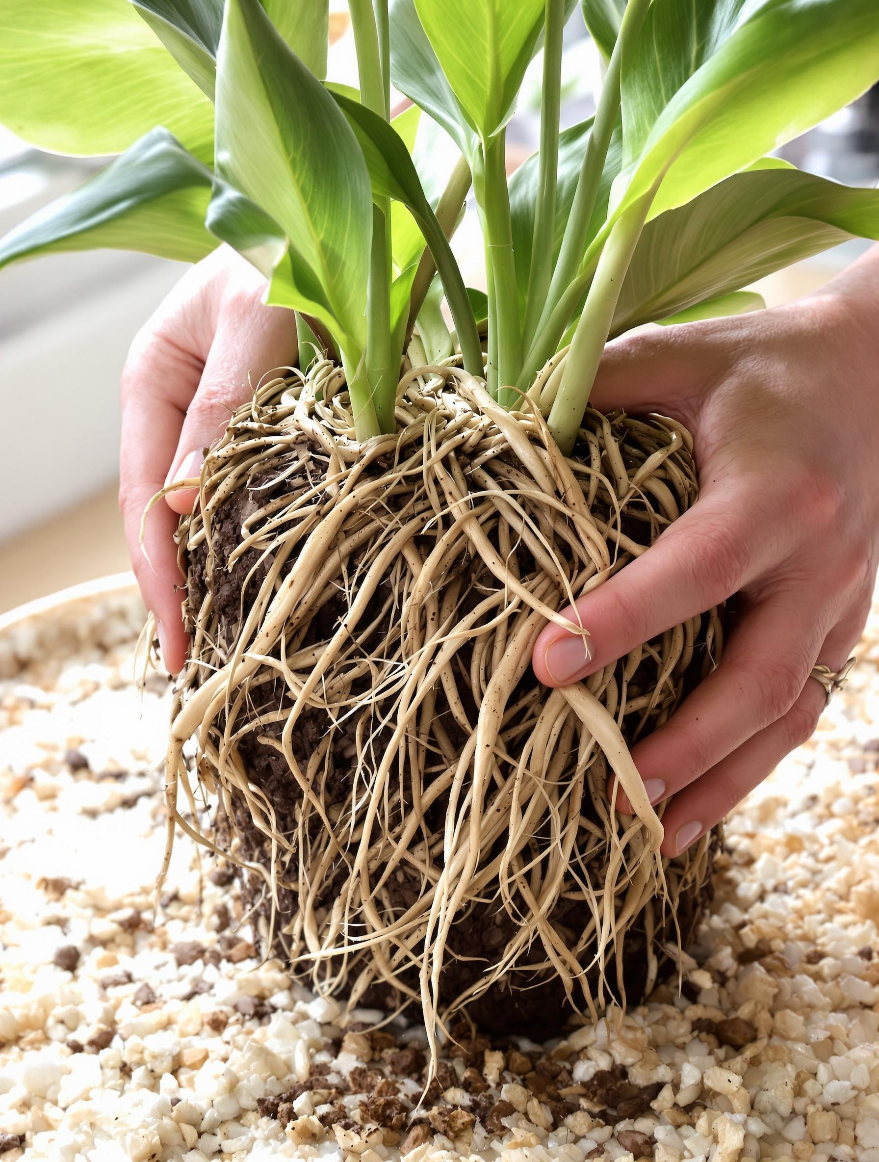 Rempotage DIY d’un Spathiphyllum avec des racines débordantes et un substrat mixé