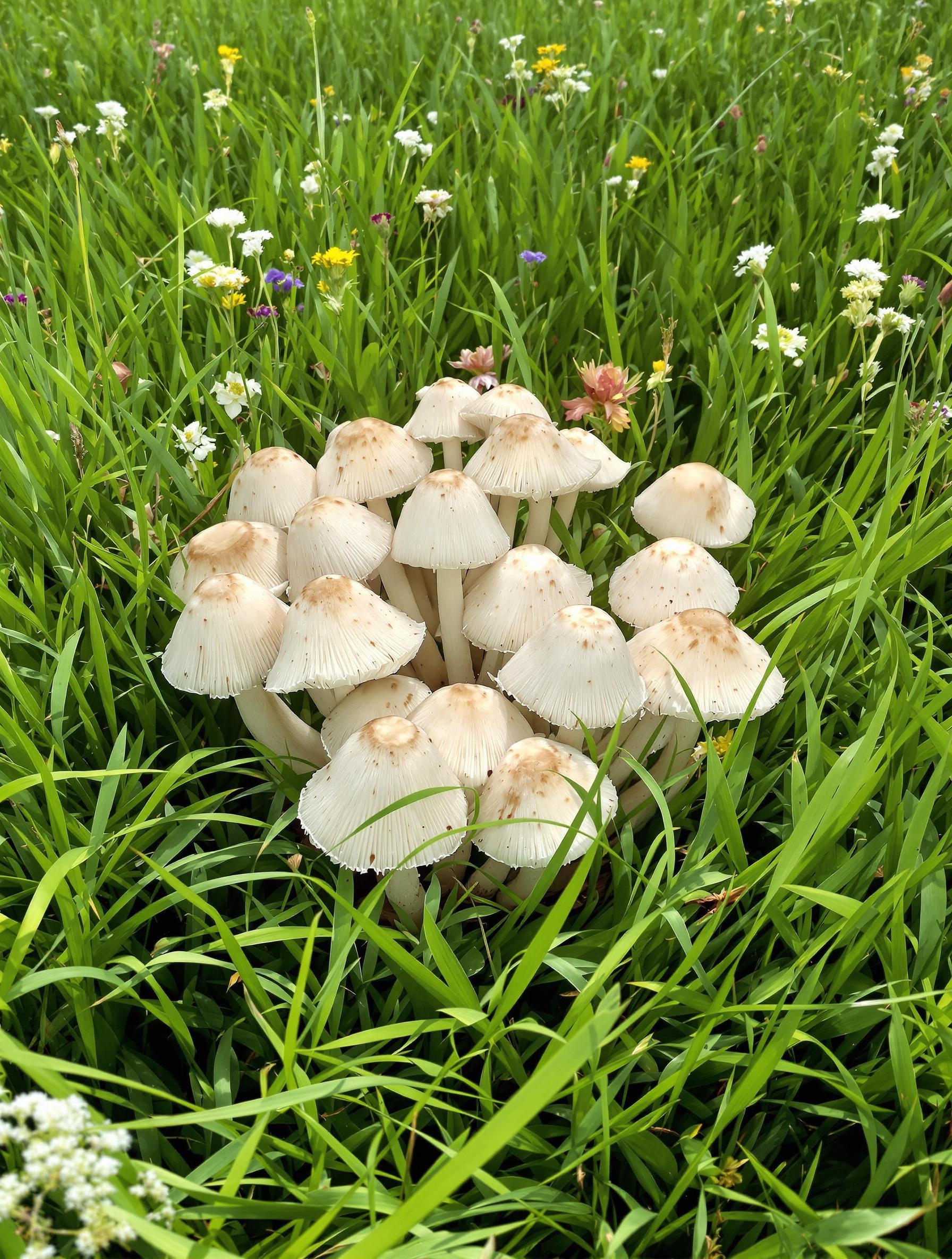 Groupe de Rosés des Prés dans une prairie verdoyante