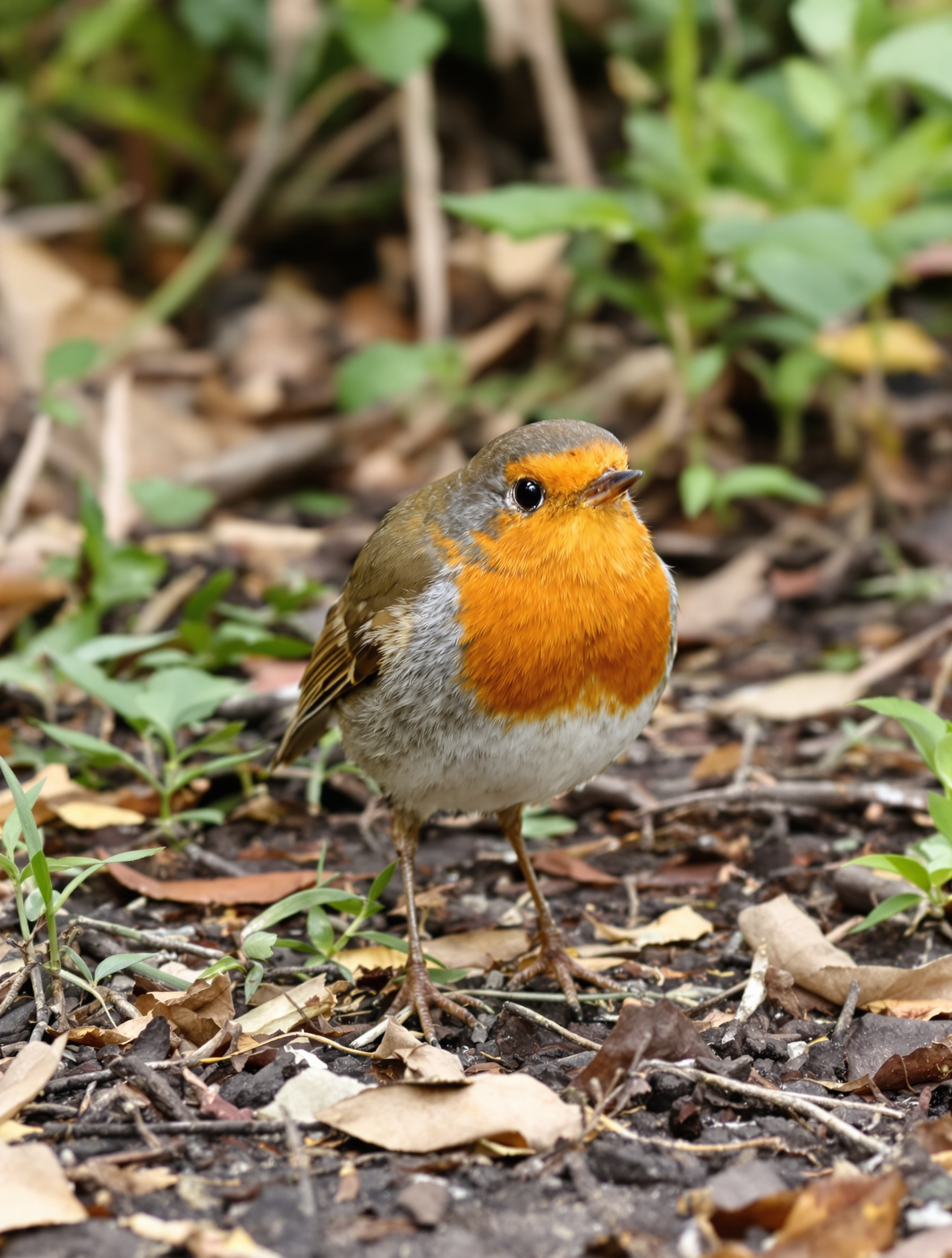 rouge-gorge curieux dans un jardin naturel et sauvage avec tas de feuilles mortes