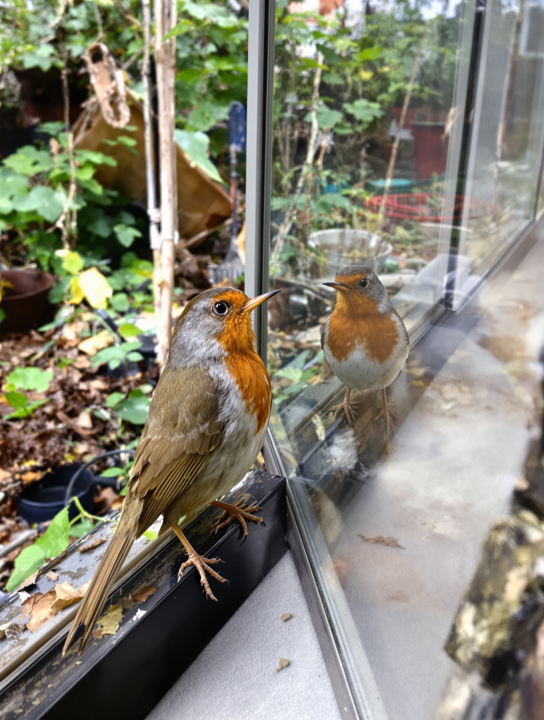 rouge-gorge tape contre fenêtre reflet jardin
