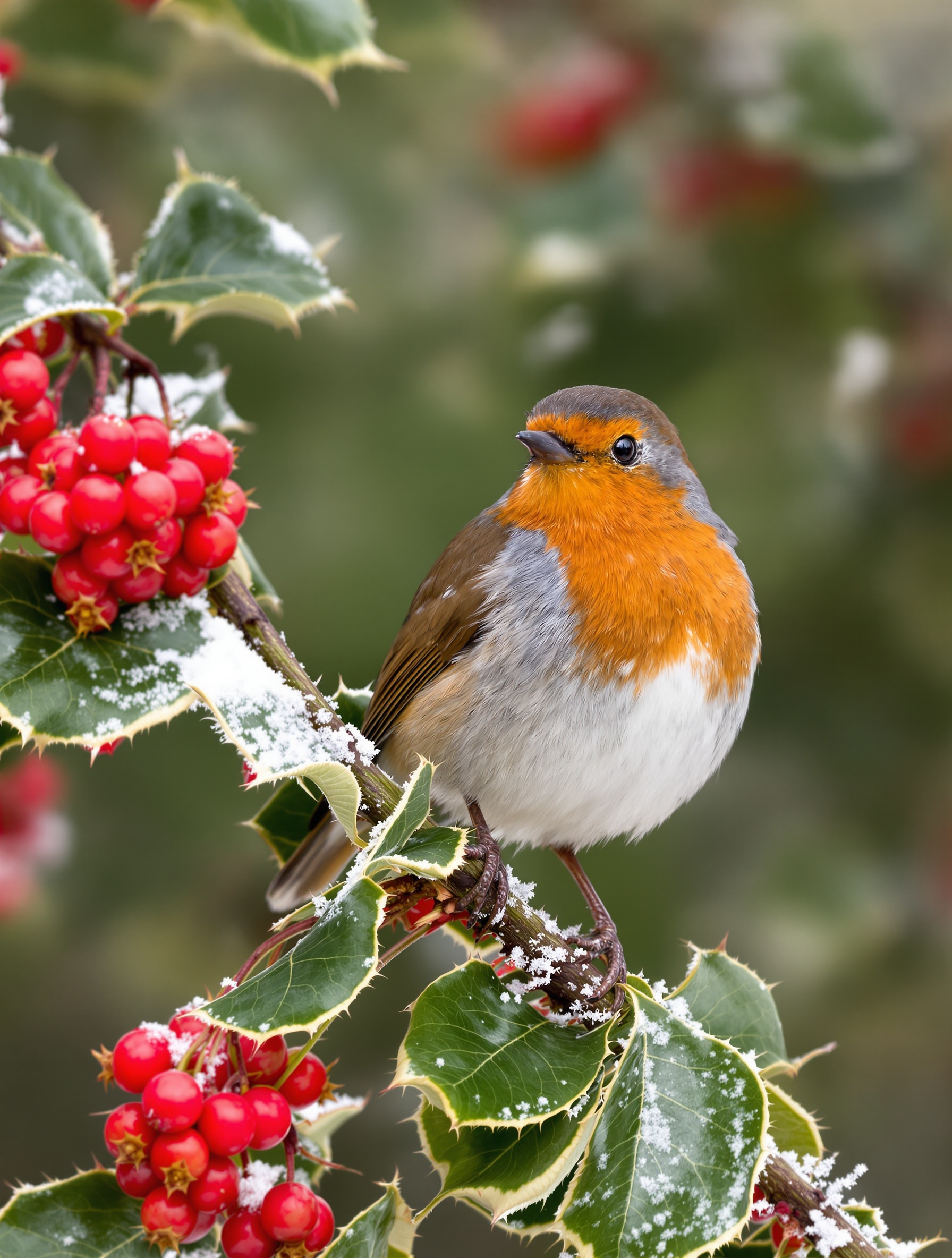 rouge-gorge sur branche de houx couvertes de baies rouges en hiver