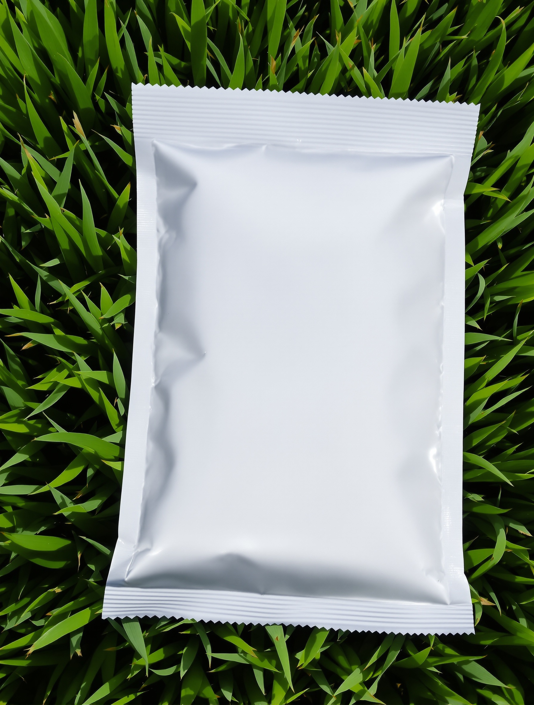 Sachet de bicarbonate de soude posé sur gazon verdoyant