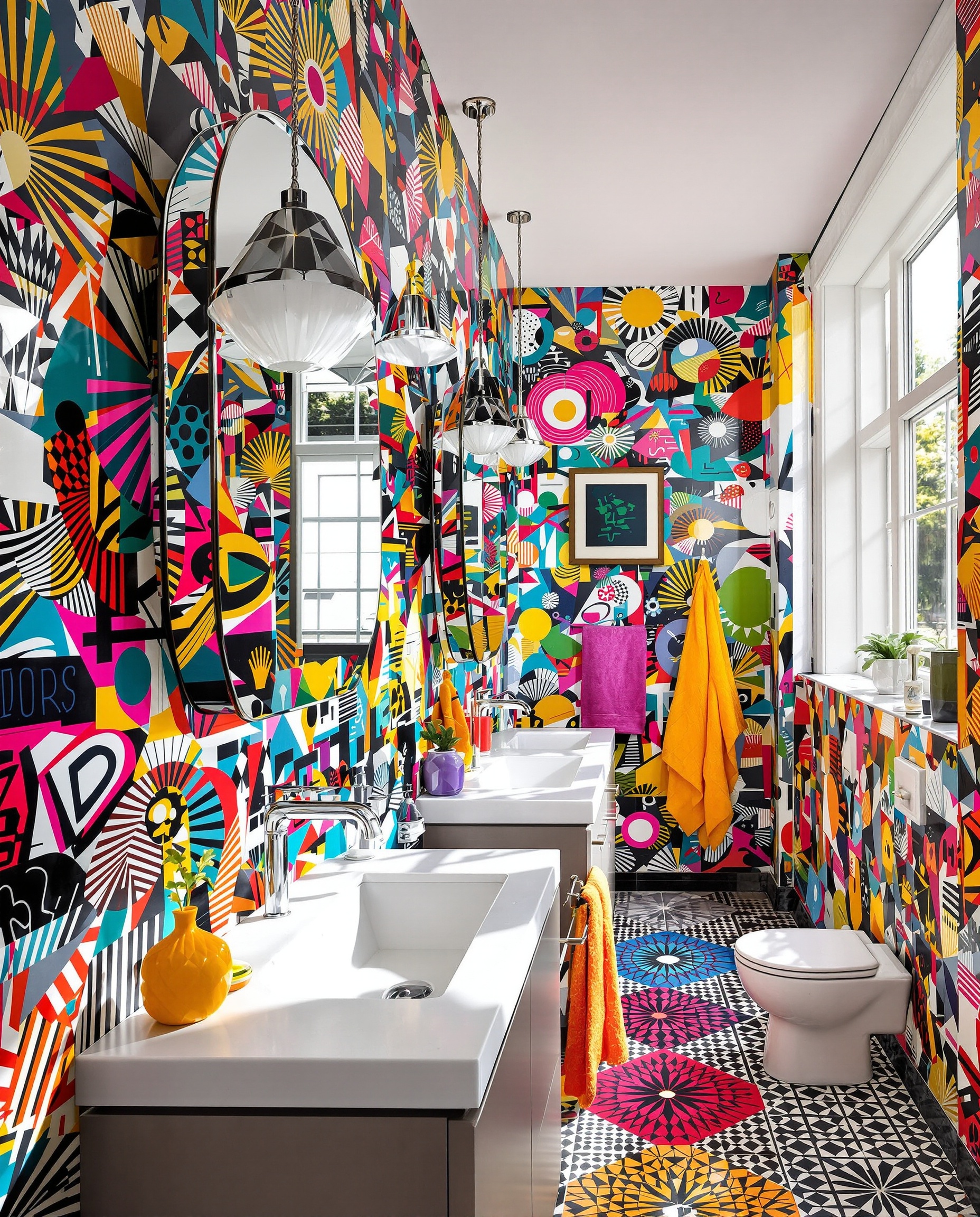 Salle de bain moderne colorée avec papier peint vinyle ambiance personnalisée