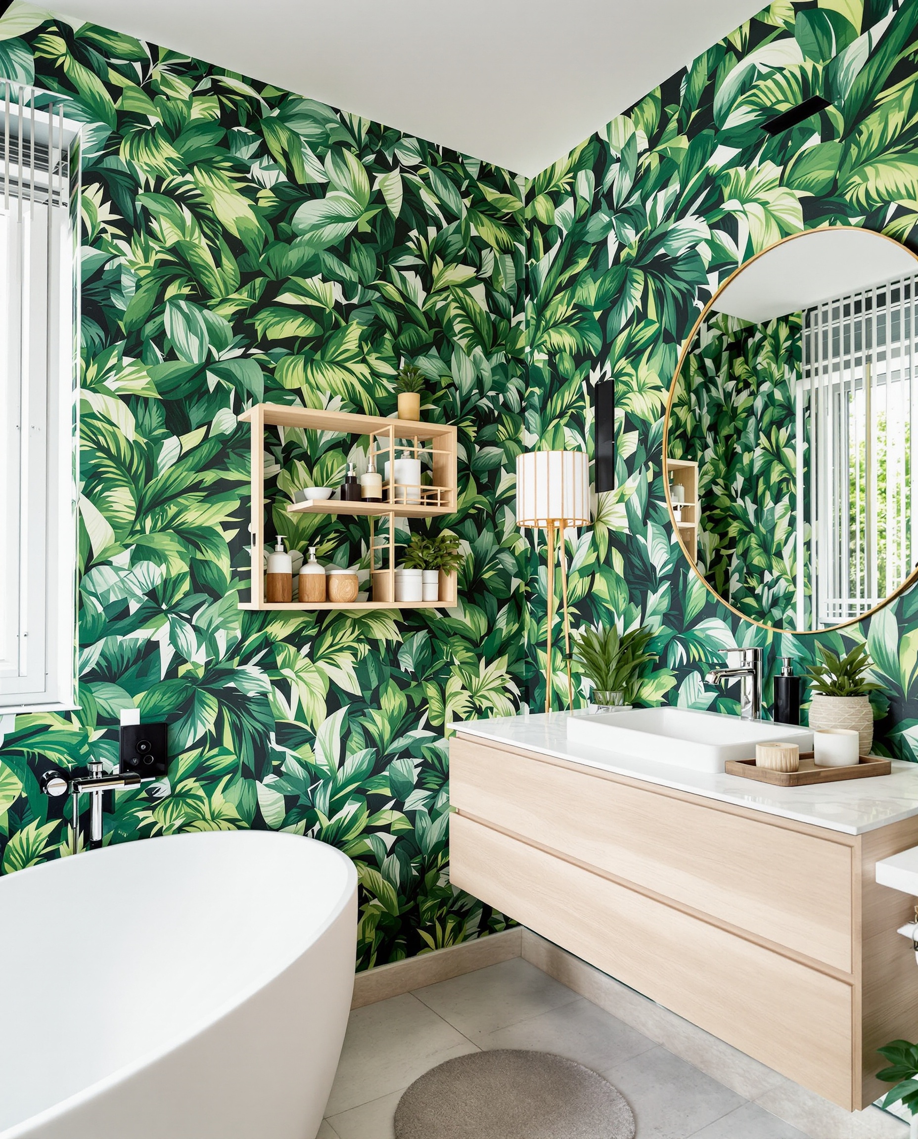 Salle de bain tendance zen mur accent papier peint feuillage jungle bois clair