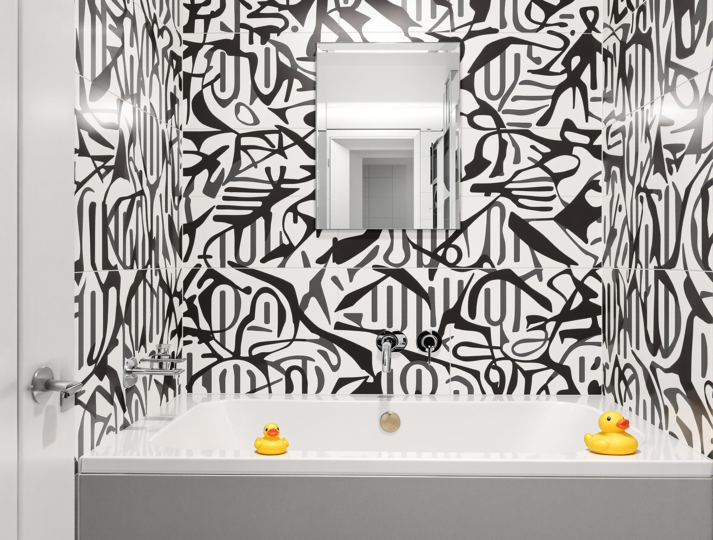 Salle de bain moderne avec papier peint vinyle graphique et accessoire décalé