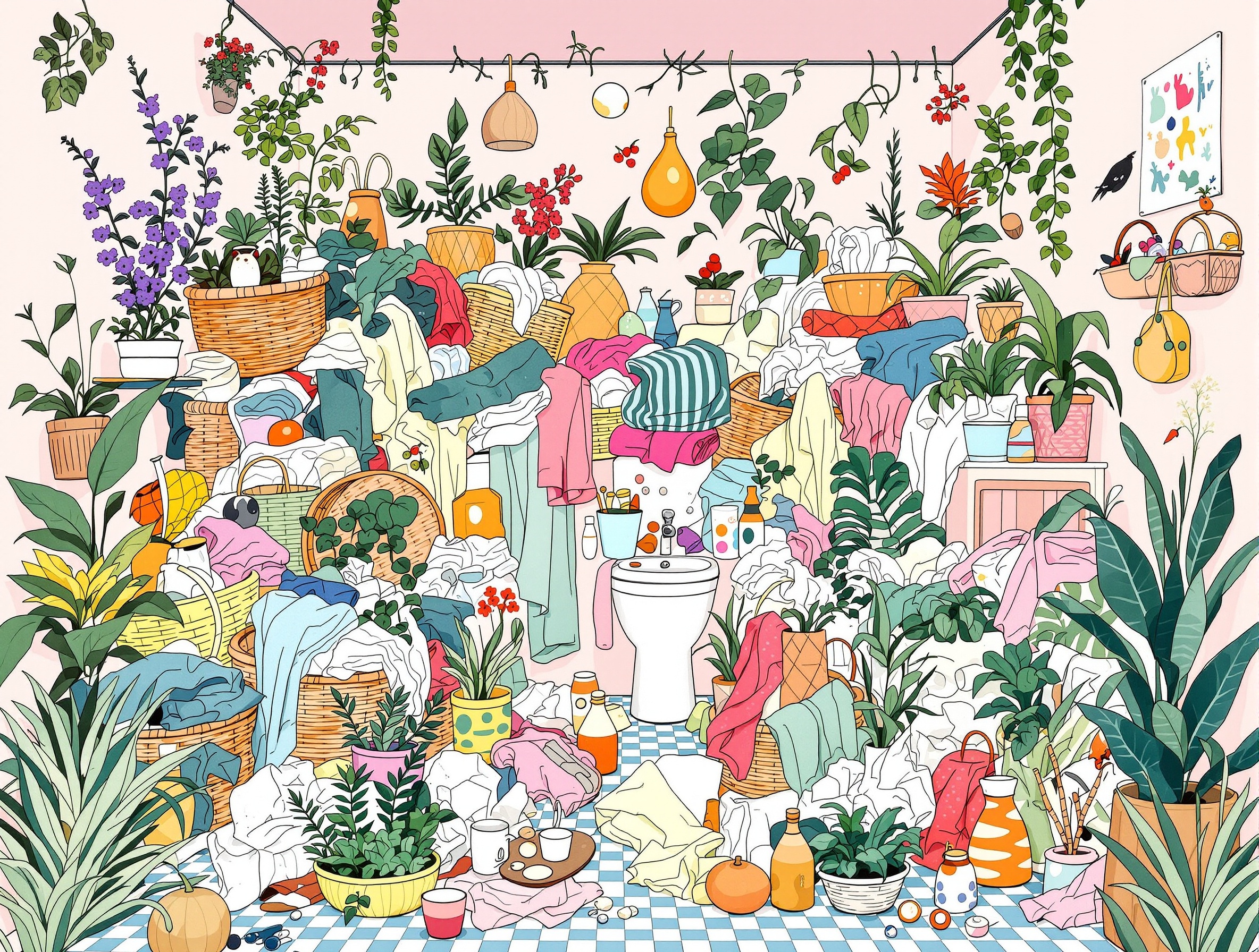 Salle de bain débordant de serviettes en désordre