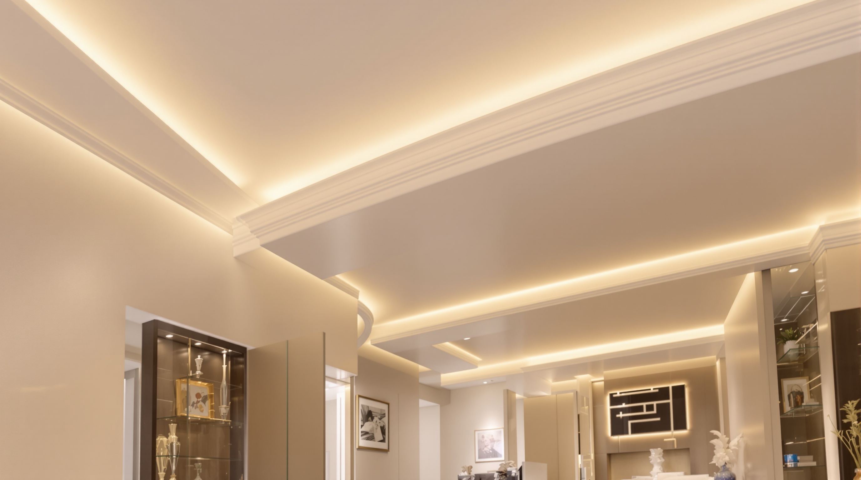 Corniche en staff contemporaine avec éclairage LED indirect.