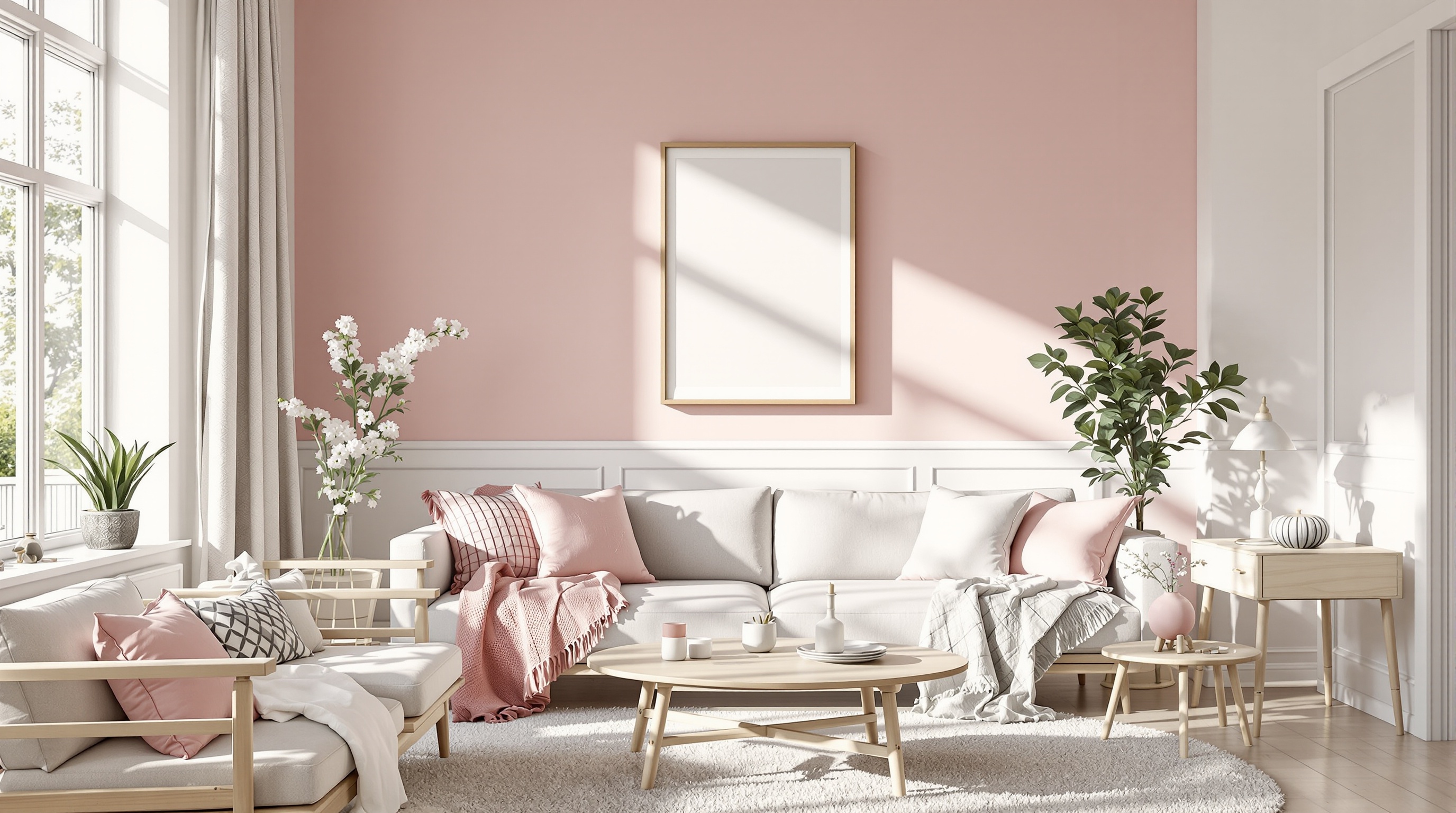 Salon contemporain équilibré, touches de rose subtiles et couleurs neutres, lumière naturelle changeante