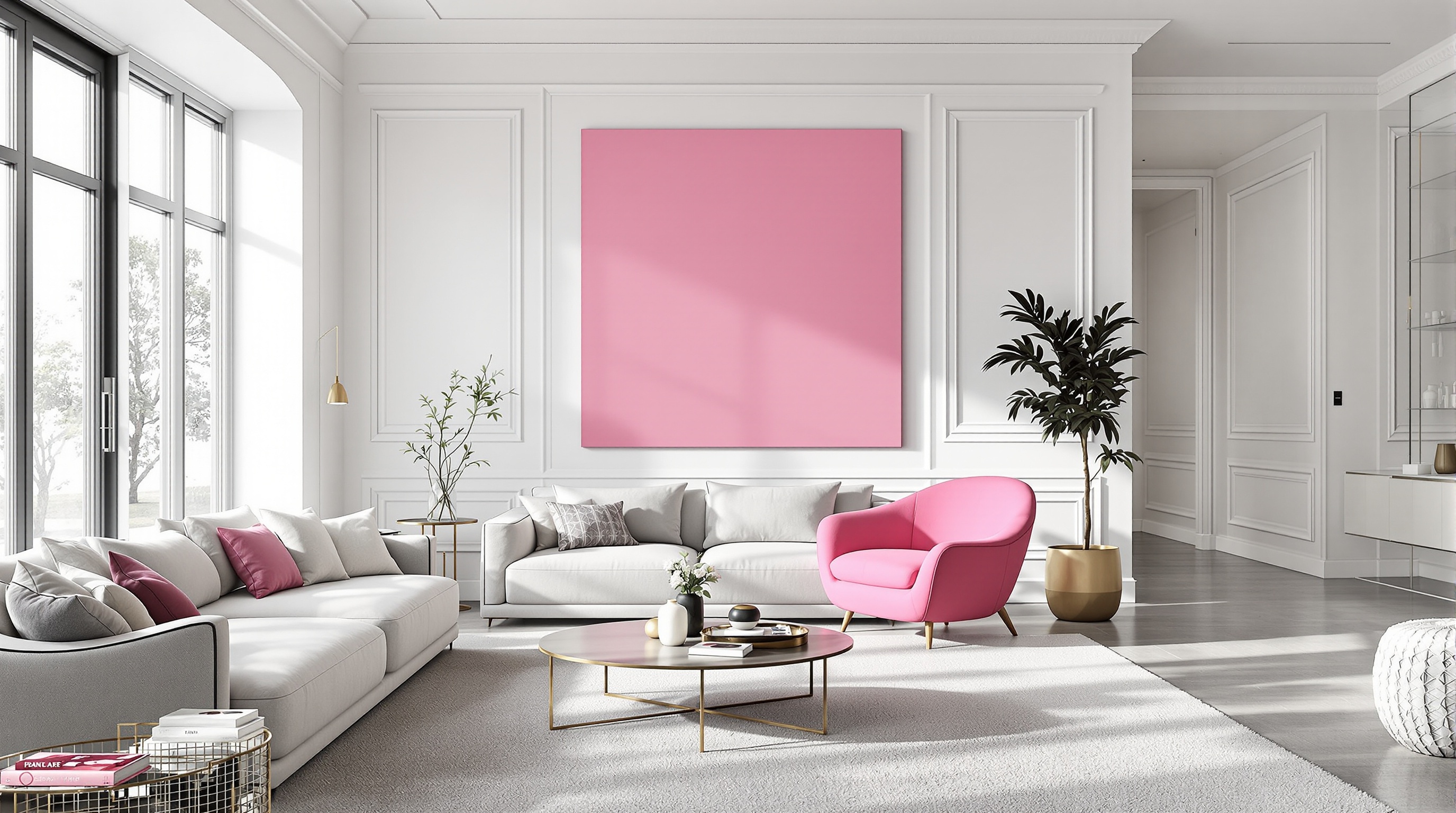 Salon moderne minimaliste avec fauteuil rose vif