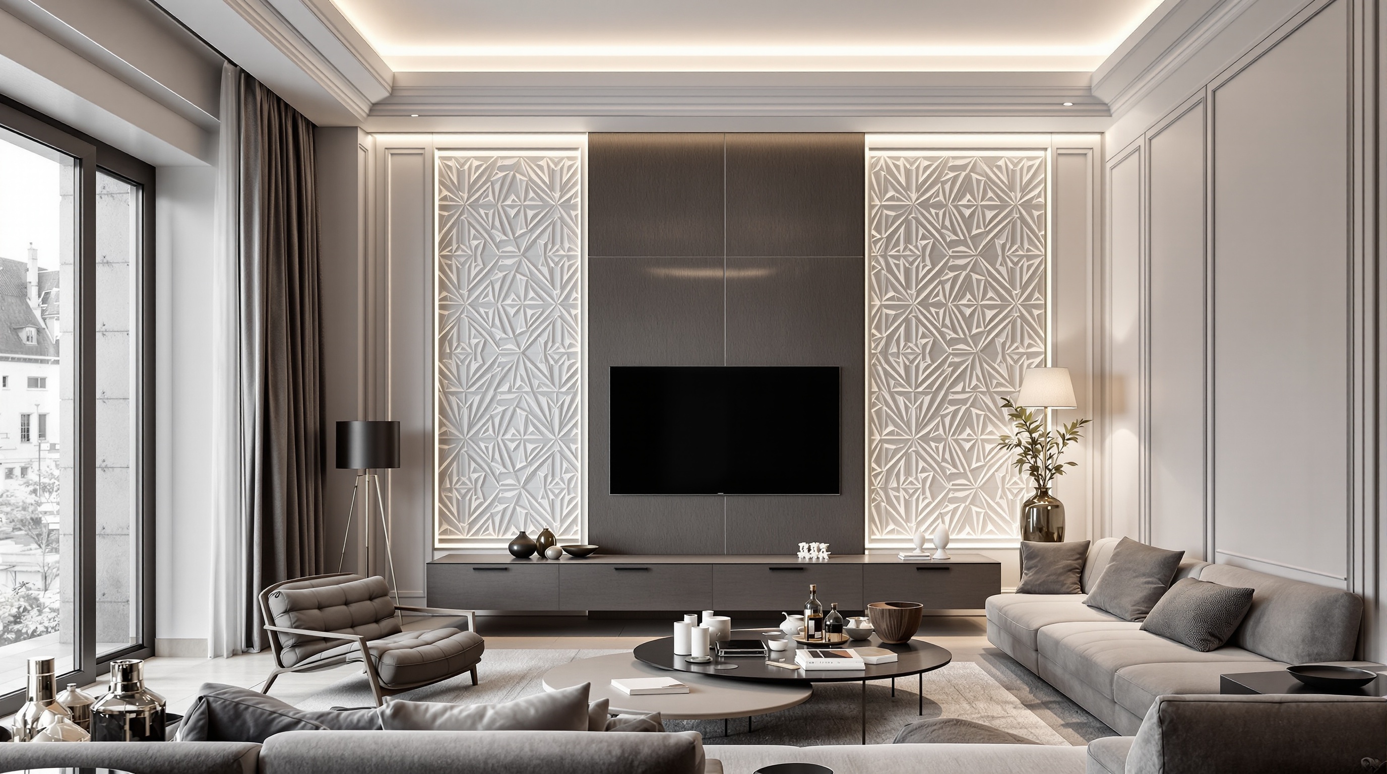 Salon moderne chic avec corniche en staff lumineuse, panneaux 3D et moulures minimalistes.