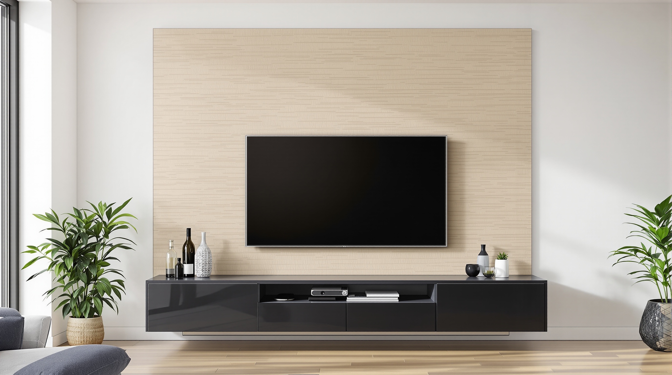 Panneau tasseaux bois clair cache câble TV moderne