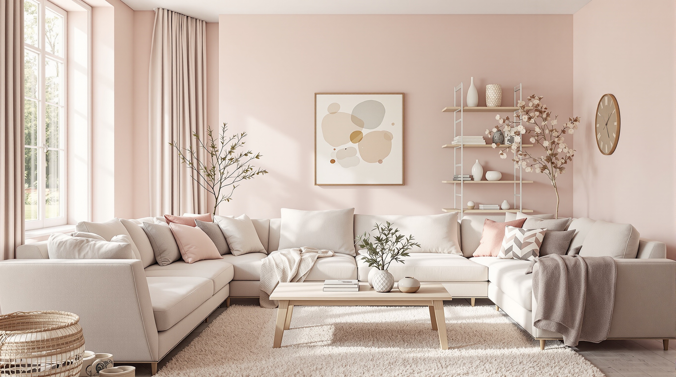 Salon moderne avec décoration rose poudré et mobilier en bois clair