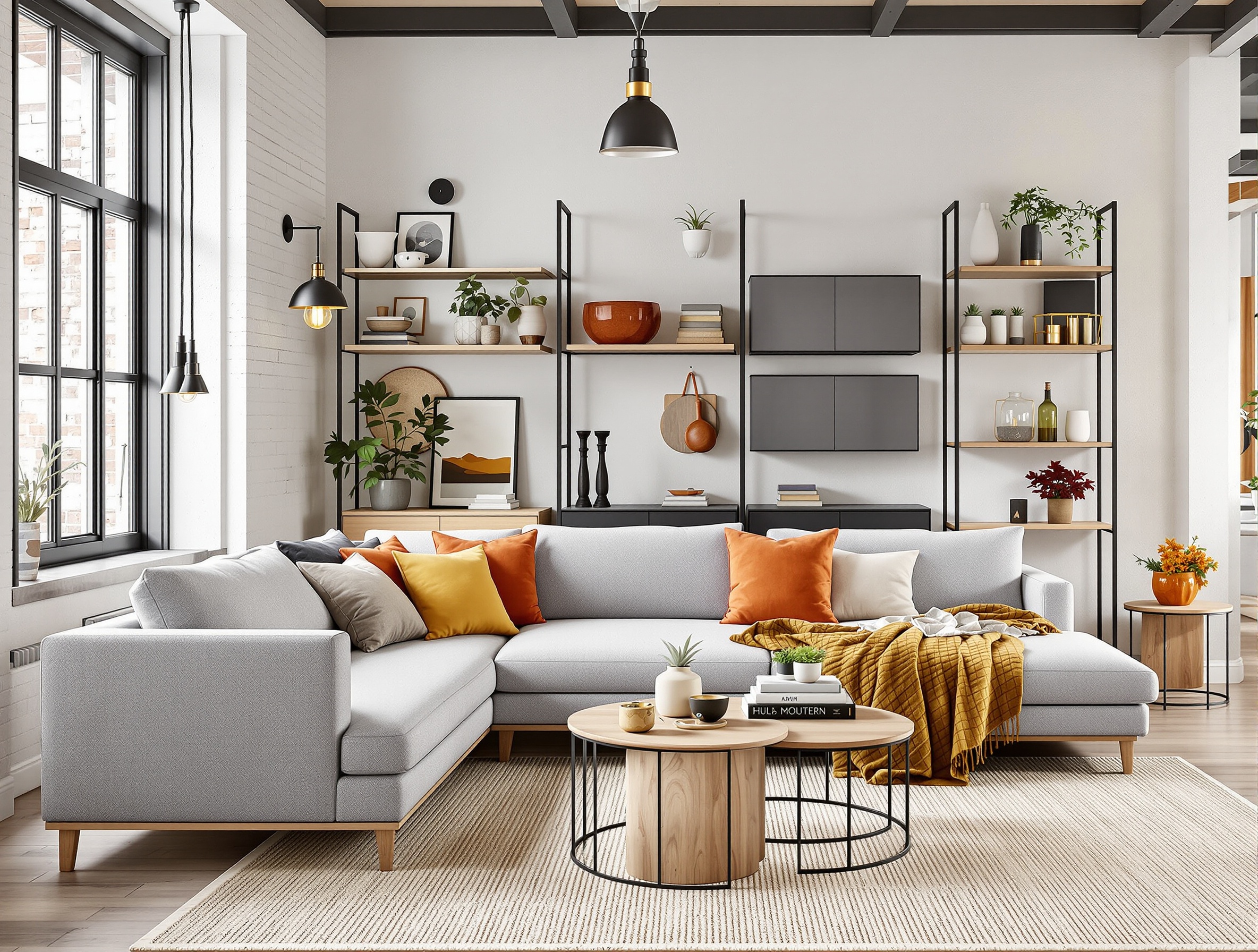 Salon moderne avec canapé gris, accessoires en bois et lin, touches de couleurs chaudes et ambiance cosy. Style scandinave avec accents design industriel.