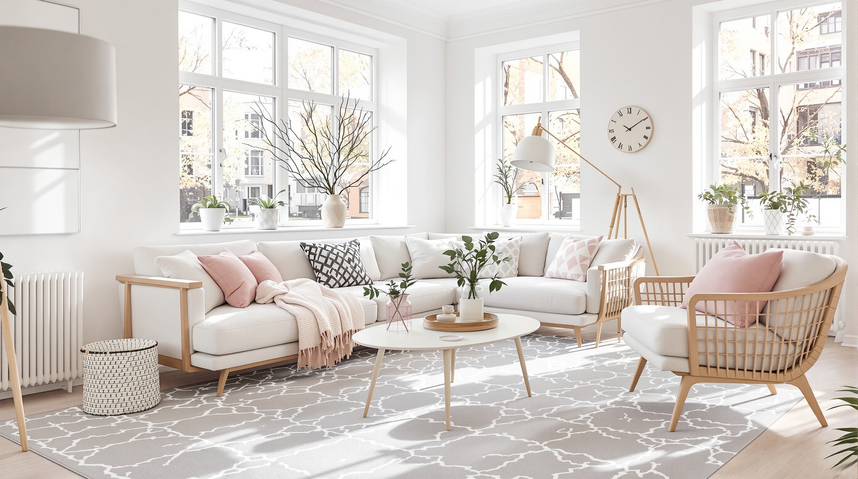 Salon scandinave avec canapé rose poudré et mobilier en bois clair