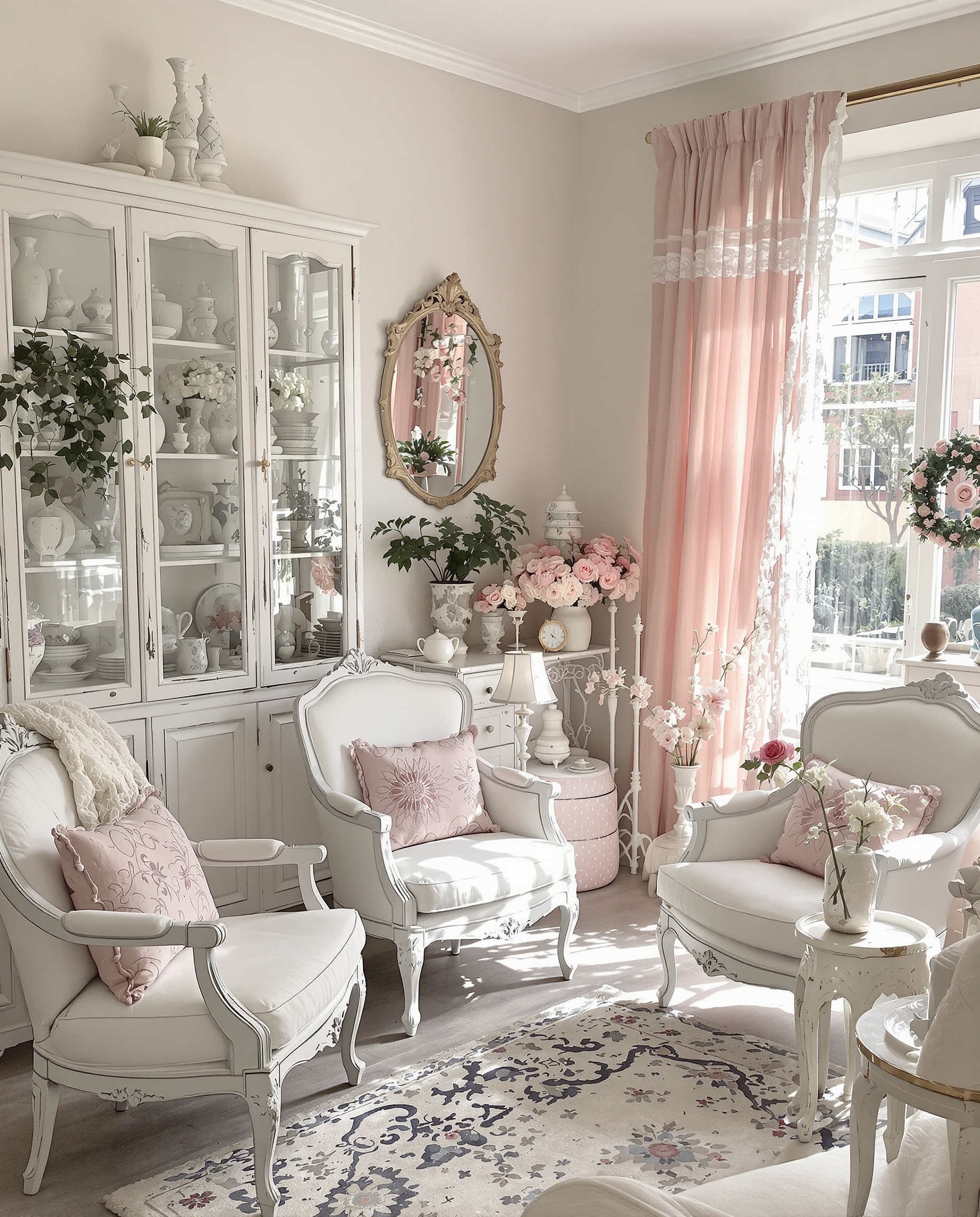 Salon vintage shabby avec fauteuils et accessoires rose poudré
