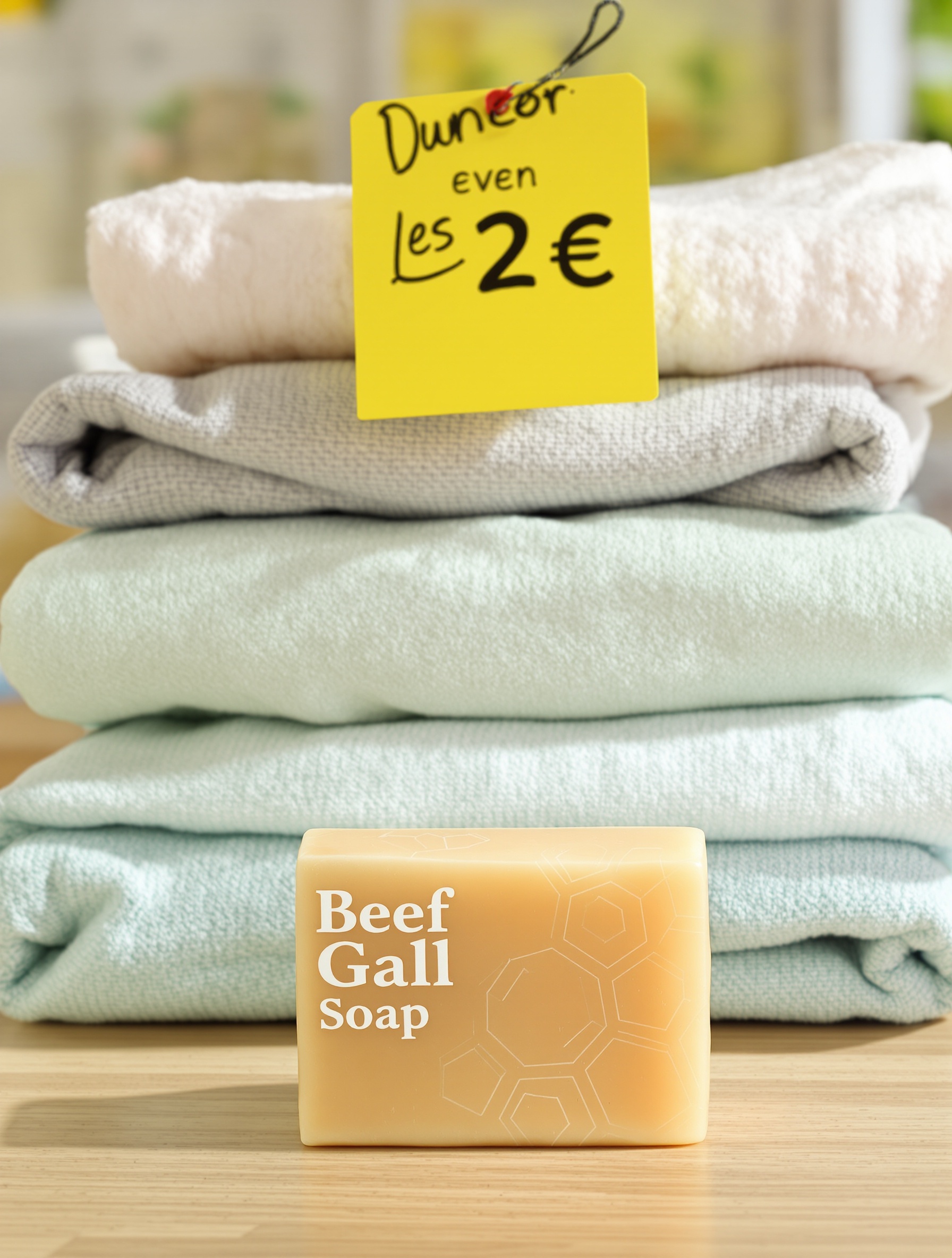 Savon au fiel de bœuf posé fièrement devant une pile de vêtements propres avec étiquette moins de 2 euros