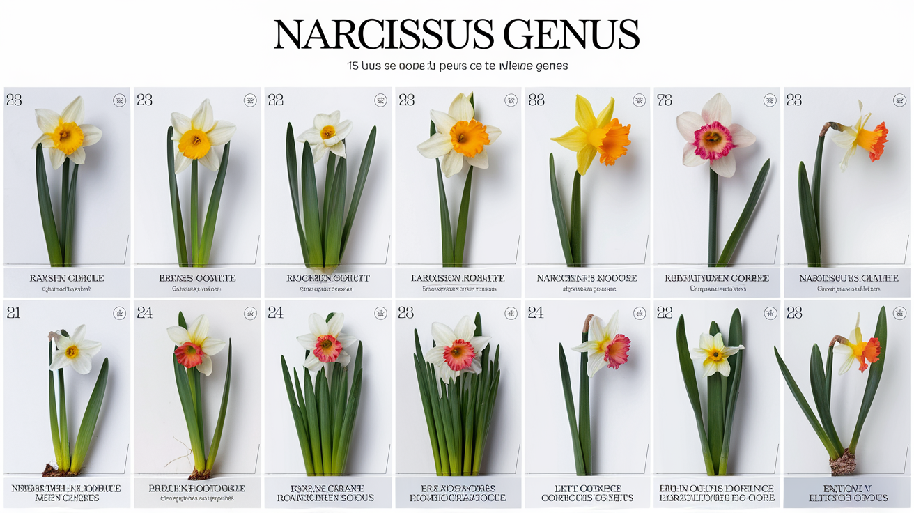 Schéma botanique des 13 groupes horticoles du genre Narcissus selon la RHS.