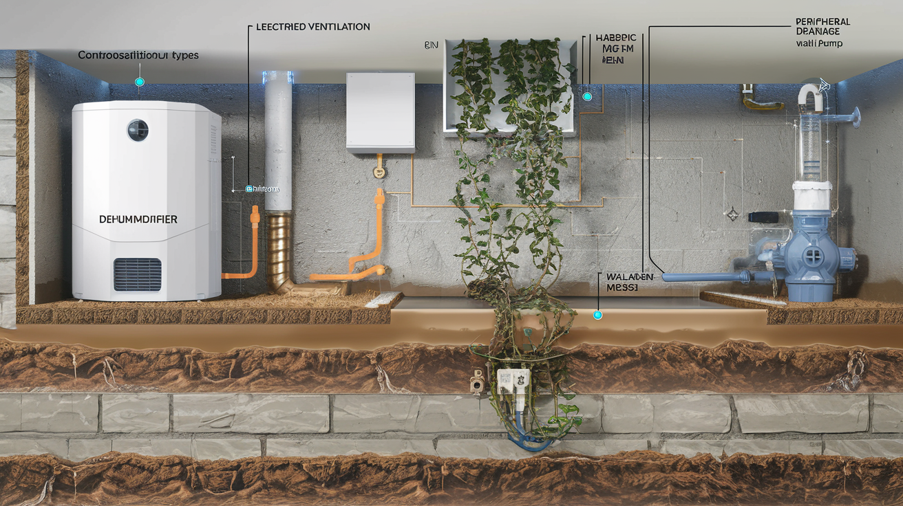 Schéma illustrant les solutions techniques pour une cave : déshumidificateur, VMC, cuvelage, drainage.