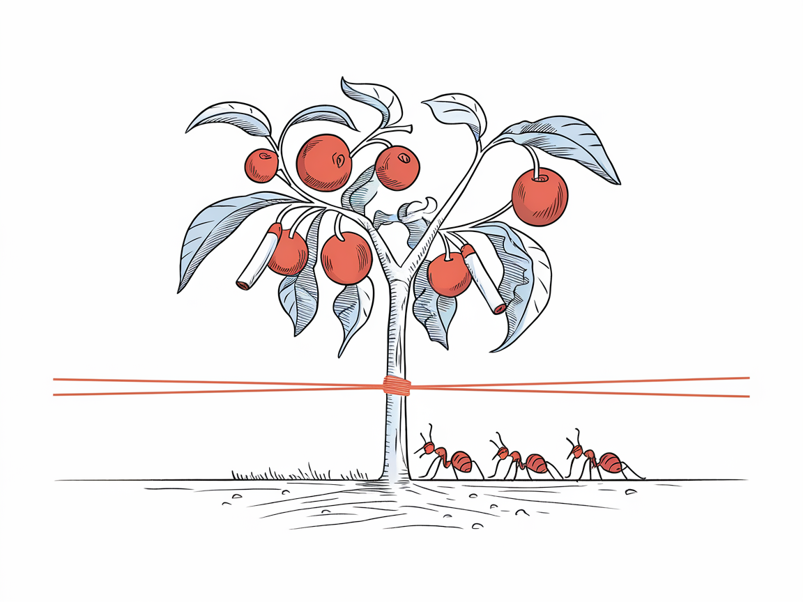 Schéma cordelette imbibée de jus de mégot autour d’un tronc d’arbre fruitier
