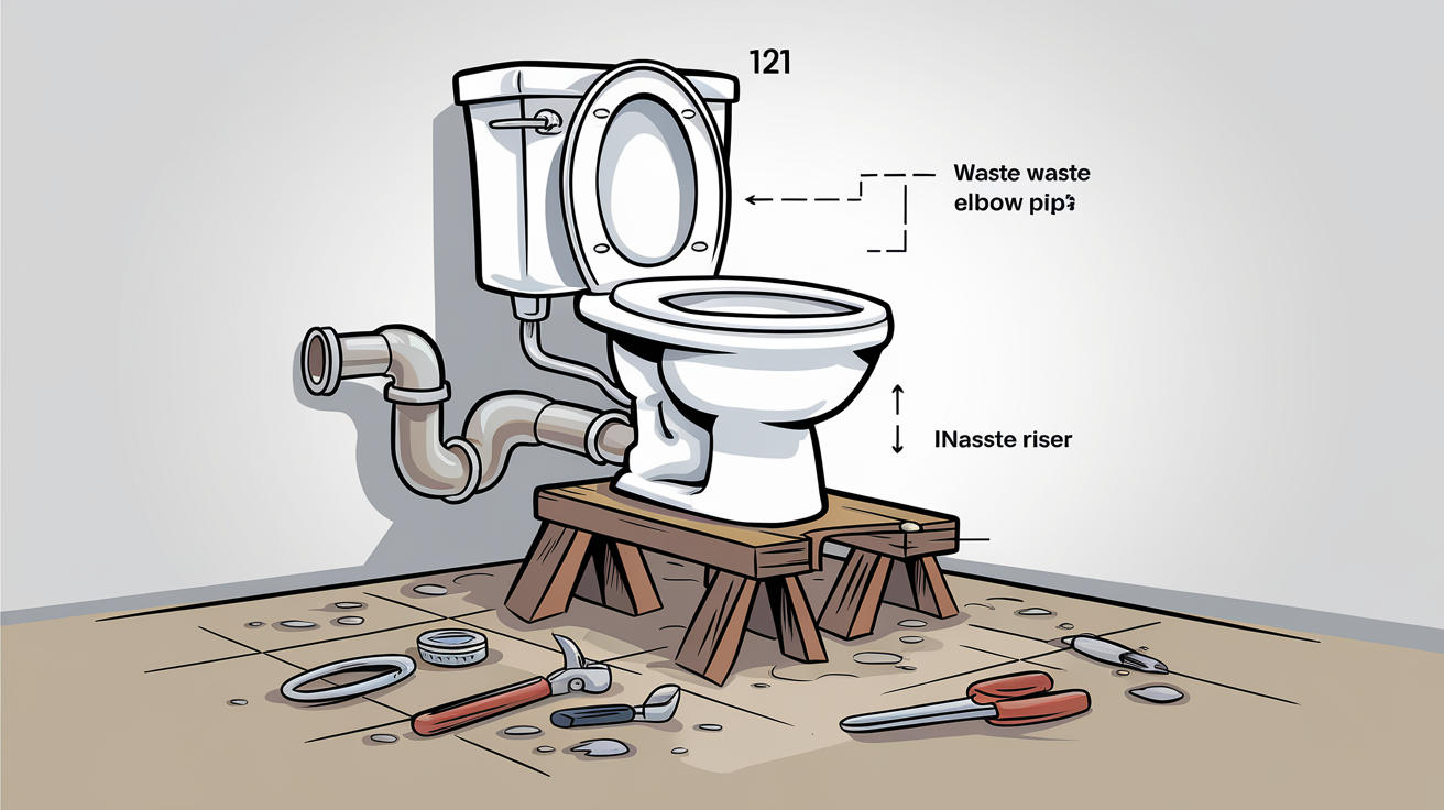 Schéma illustrant une rehausse WC et un coude pour ajustement improvisé.