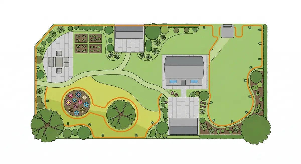 Schéma main levée d'un jardin avec station de charge, câble périphérique longeant les bordures, îlot massif fleurs et câble guide.