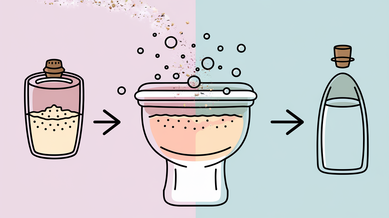 Schéma illustrant l'action du bicarbonate et du vinaigre contre les odeurs dans les toilettes